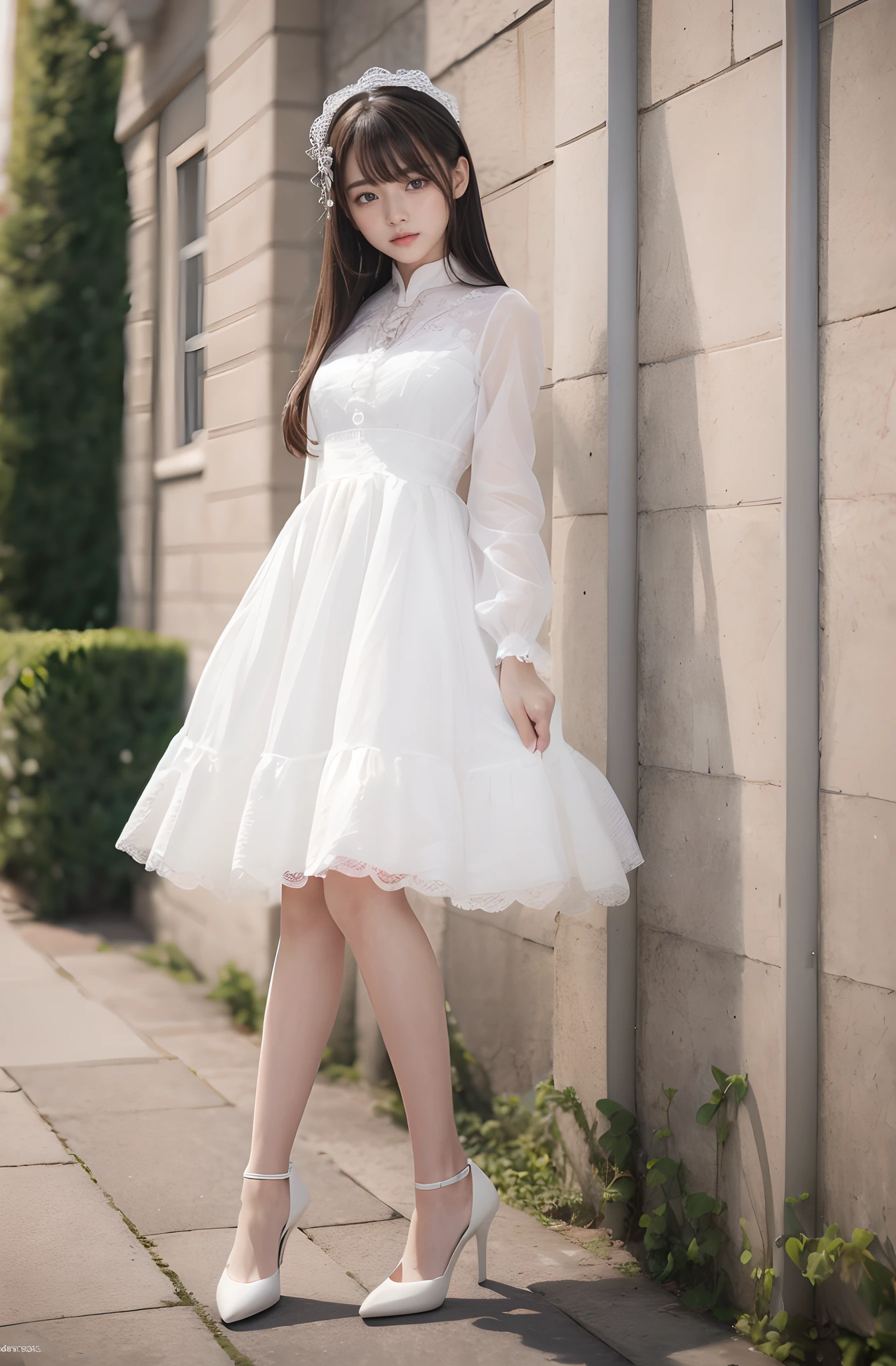 masterpiece、超A high resolution、realisitic、One girl,,standing on your feet,Wearing Lolita,ssmile,Feminized facial features,Straight hair,calm posture,Beautiful skin,subtle blush,white walls,fully body photo,Wear high heels(((tmasterpiece),(Very detailed CG Unity 8K wallpaper),best qualtiy,,独奏,1girll,cinmatic lighting,细致背景,,ultra - detailed,tmasterpiece,)),ultra - detailed,offcial art,统一 8k 壁纸,Eyes are the same size,The lower eyelid is the same size