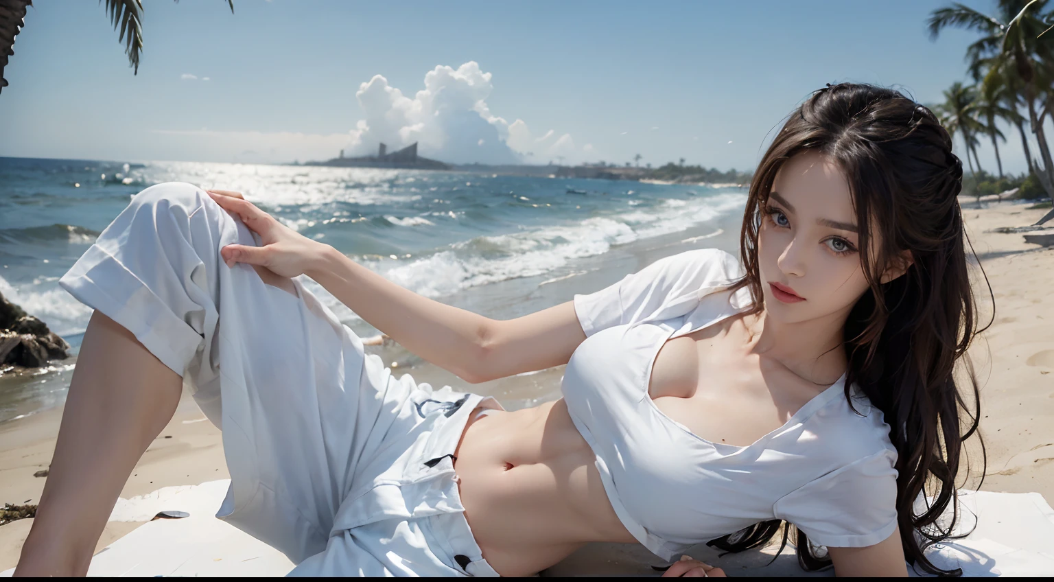 ((best qualtiy, 8K, tmasterpiece:1.3)), edgy:1.2, A beautiful woman with a perfect body:1.4, Slim Abs:1.2, ((Layered hairstyle, large full breasts:1.5)), (Athens,the street:1.2),saturated:1.5,Highly detailed facial and skin texture,A detailed eye,Double eyelidd,Look at the camera sideways,open shirt,navels,exposed navel,Cover your chest with your hands,hands on breasts, , Sunny weather, seaside, waves, palm tree, White t-shirt and ripped shorts, Sunny weather, seaside, waves, palm tree, White t-shirt and ripped shorts, Sunny weather, seaside, waves, palm tree, White t-shirt and ripped shorts,Take off HER's T-shirt, Pink breasts