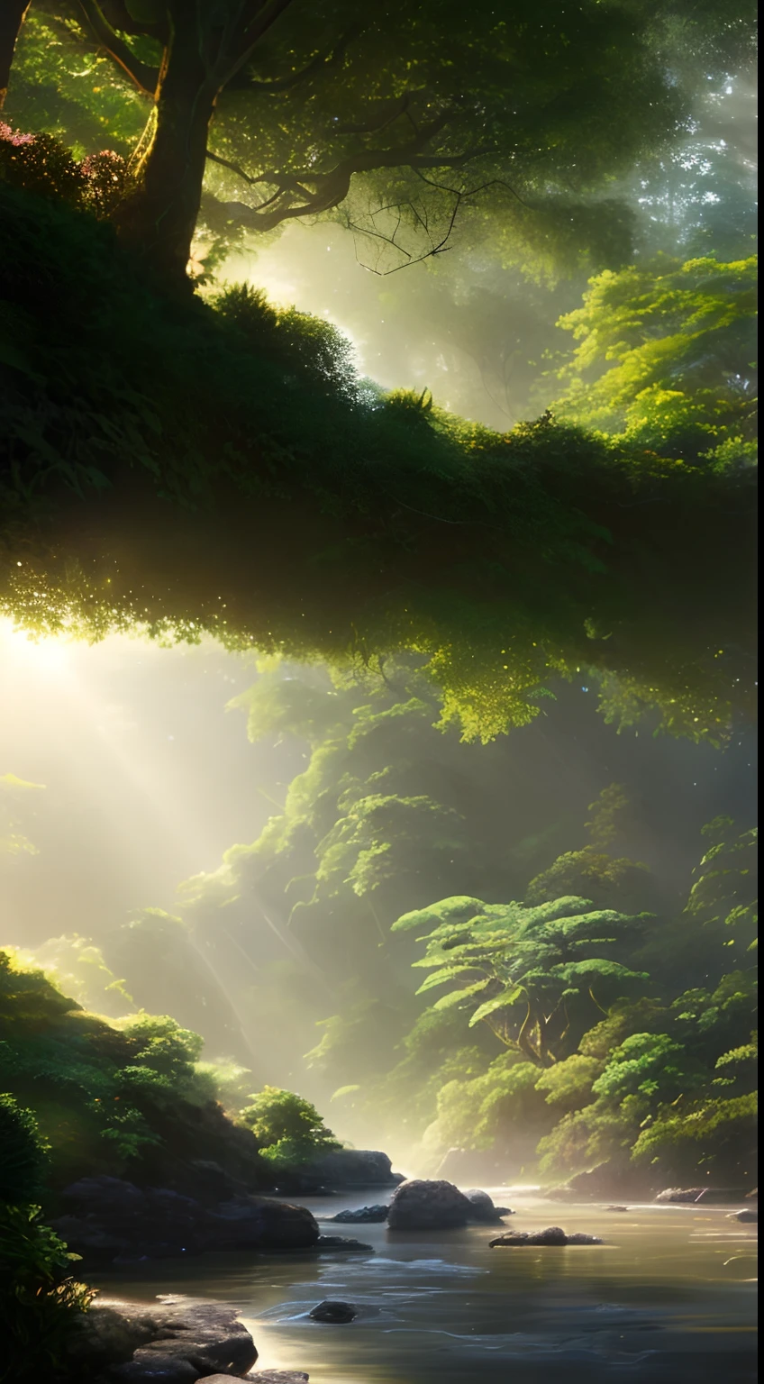 Digital illustration, detailed and intricate, of a lush African savanna filled with exotic flowers, plants and animals, the sunlight filtering through the canopy creating a dappled effect. A quiet river with small steps runs through the jungle, In the style of Yoshitaka Amano and Hayao Miyazaki, masterpiece, proportional, detailed, trending on artstation, beautiful lighting, realistic, intricate, award winning, 4k, highest quality, Award-winning, 4K digital painting in the style of Yoshitaka Amano. Beautiful lighting and cinematic composition make this piece a true masterpiece, trending on artstation