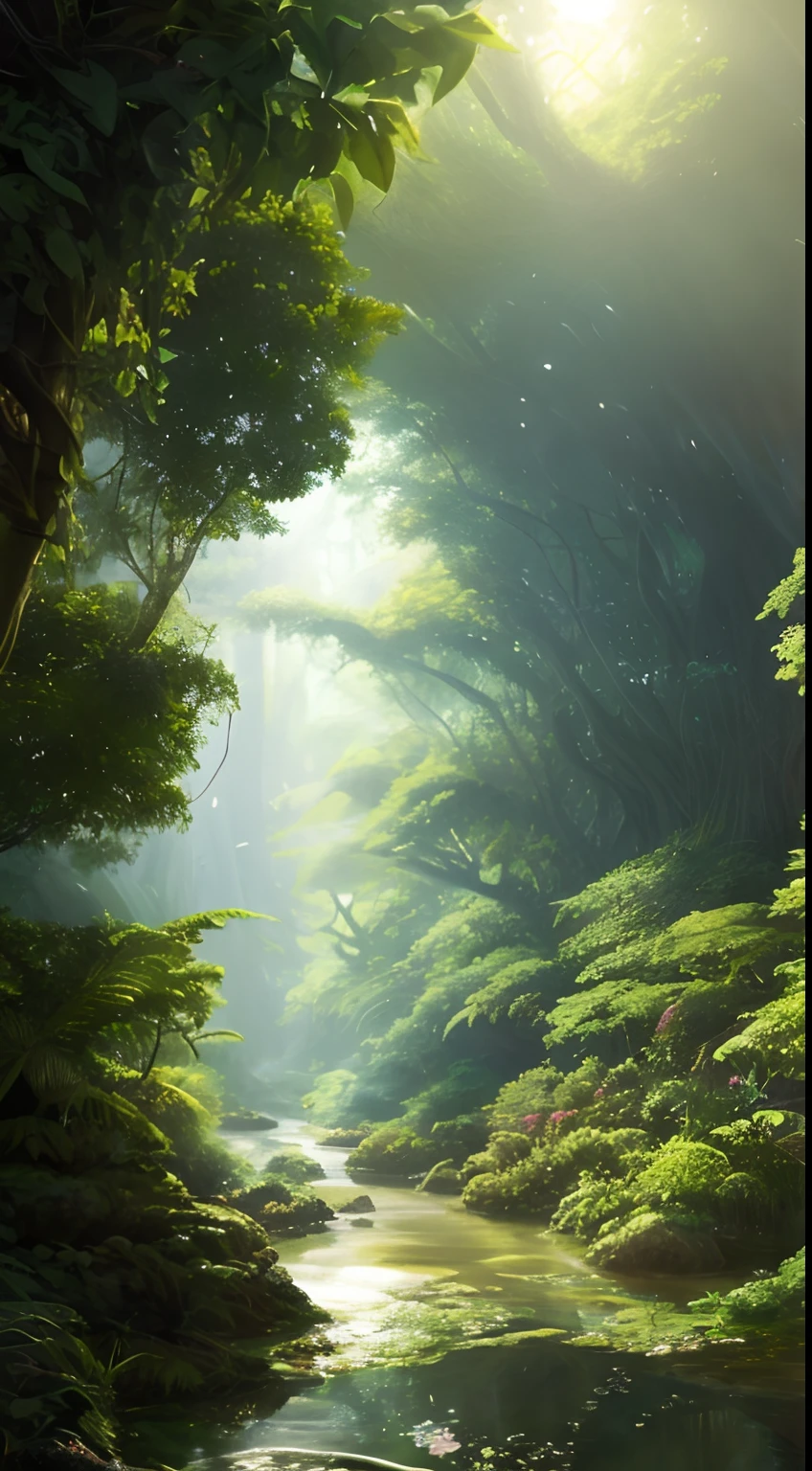 Digital illustration, detailed and intricate, of a lush African savanna filled with exotic flowers, plants and animals, the sunlight filtering through the canopy creating a dappled effect. A quiet river with small steps runs through the jungle, In the style of Yoshitaka Amano and Hayao Miyazaki, masterpiece, proportional, detailed, trending on artstation, beautiful lighting, realistic, intricate, award winning, 4k, highest quality, Award-winning, 4K digital painting in the style of Yoshitaka Amano. Beautiful lighting and cinematic composition make this piece a true masterpiece, trending on artstation