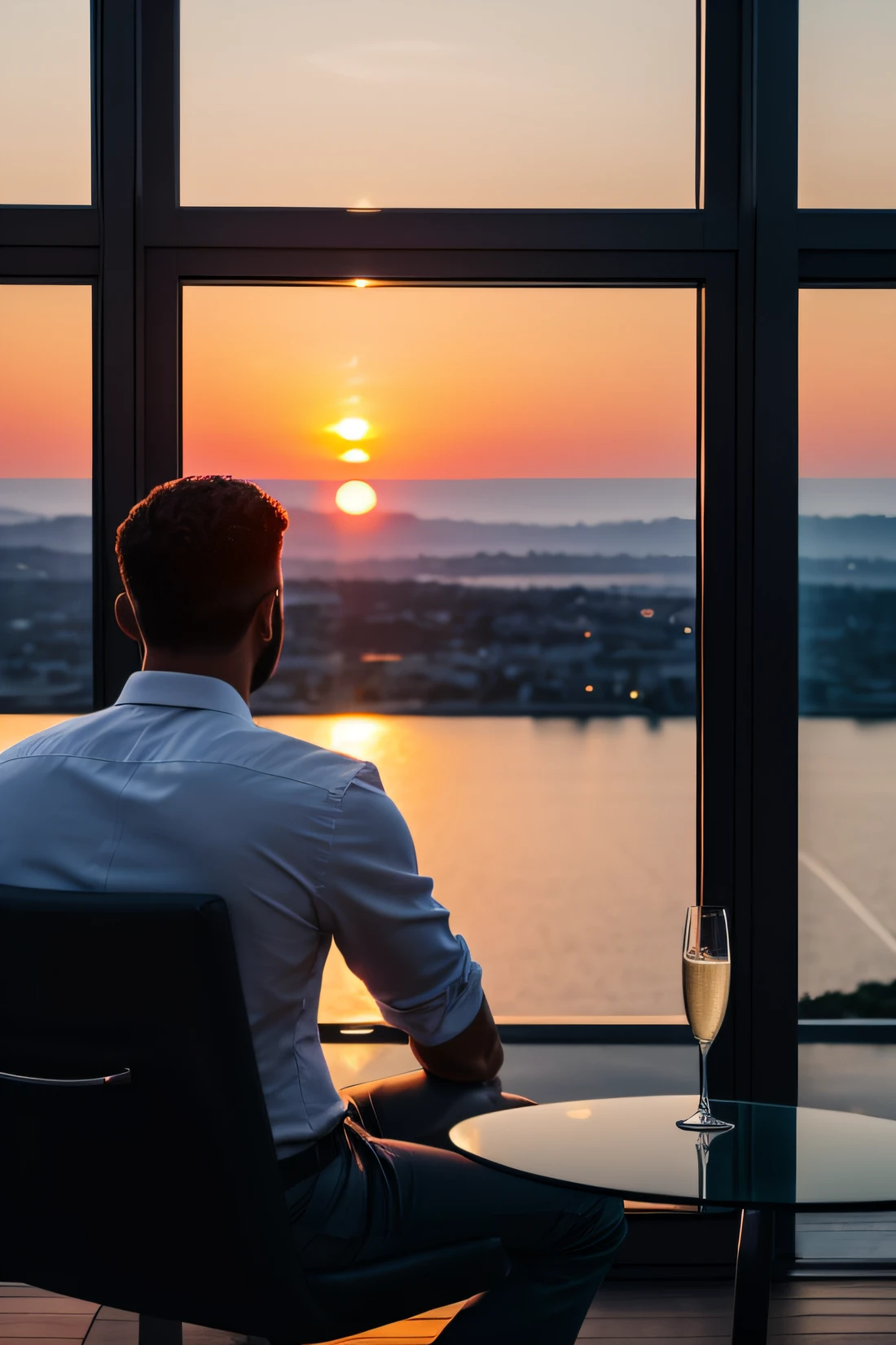 Man sitting on a chair drinking a glass of champagne, view from his back, sunset, 4k, photo