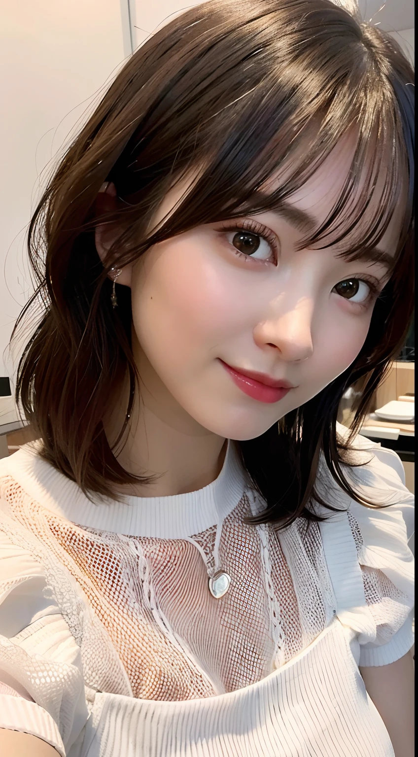 top-quality、Photorealsitic、8K、hight resolution、Perfect litthing、a gorgeous、masterpiece、realisitic、closeup portrait、
1girl in、piercingeyes、Light shirt、middlebreasts、shorth hair、Look at viewers、kindly smile、In the room、in the room、a miniskirt、sun shine