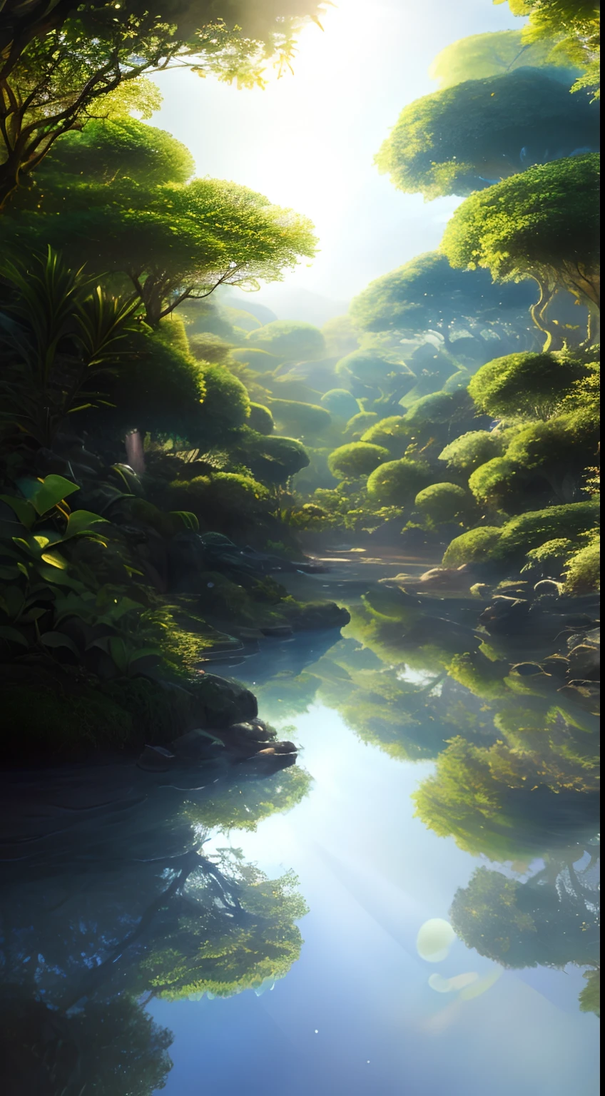 Digital illustration, detailed and intricate, of a lush African savanna filled with exotic flowers, plants and animals, the sunlight filtering through the canopy creating a dappled effect. A quiet river with small steps runs through the jungle, In the style of Yoshitaka Amano and Hayao Miyazaki, masterpiece, proportional, detailed, trending on artstation, beautiful lighting, realistic, intricate, award winning, 4k, highest quality, Award-winning, 4K digital painting in the style of Yoshitaka Amano. Beautiful lighting and cinematic composition make this piece a true masterpiece, trending on artstation