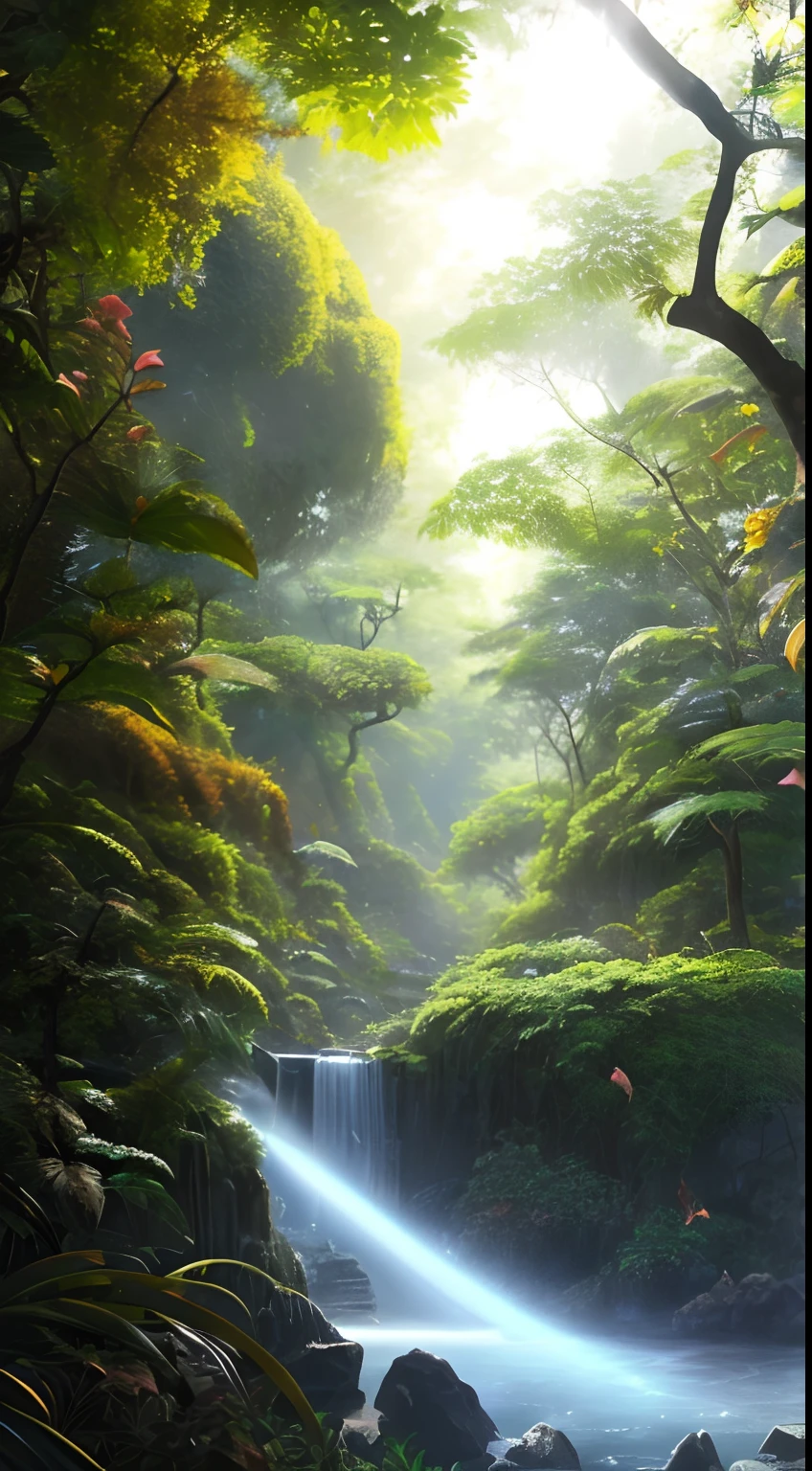 Digital illustration, detailed and intricate, of a lush African savanna filled with exotic flowers, plants and animals, the sunlight filtering through the canopy creating a dappled effect. A quiet river with small steps runs through the jungle, In the style of Yoshitaka Amano and Hayao Miyazaki, masterpiece, proportional, detailed, trending on artstation, beautiful lighting, realistic, intricate, award winning, 4k, highest quality, Award-winning, 4K digital painting in the style of Yoshitaka Amano. Beautiful lighting and cinematic composition make this piece a true masterpiece, trending on artstation