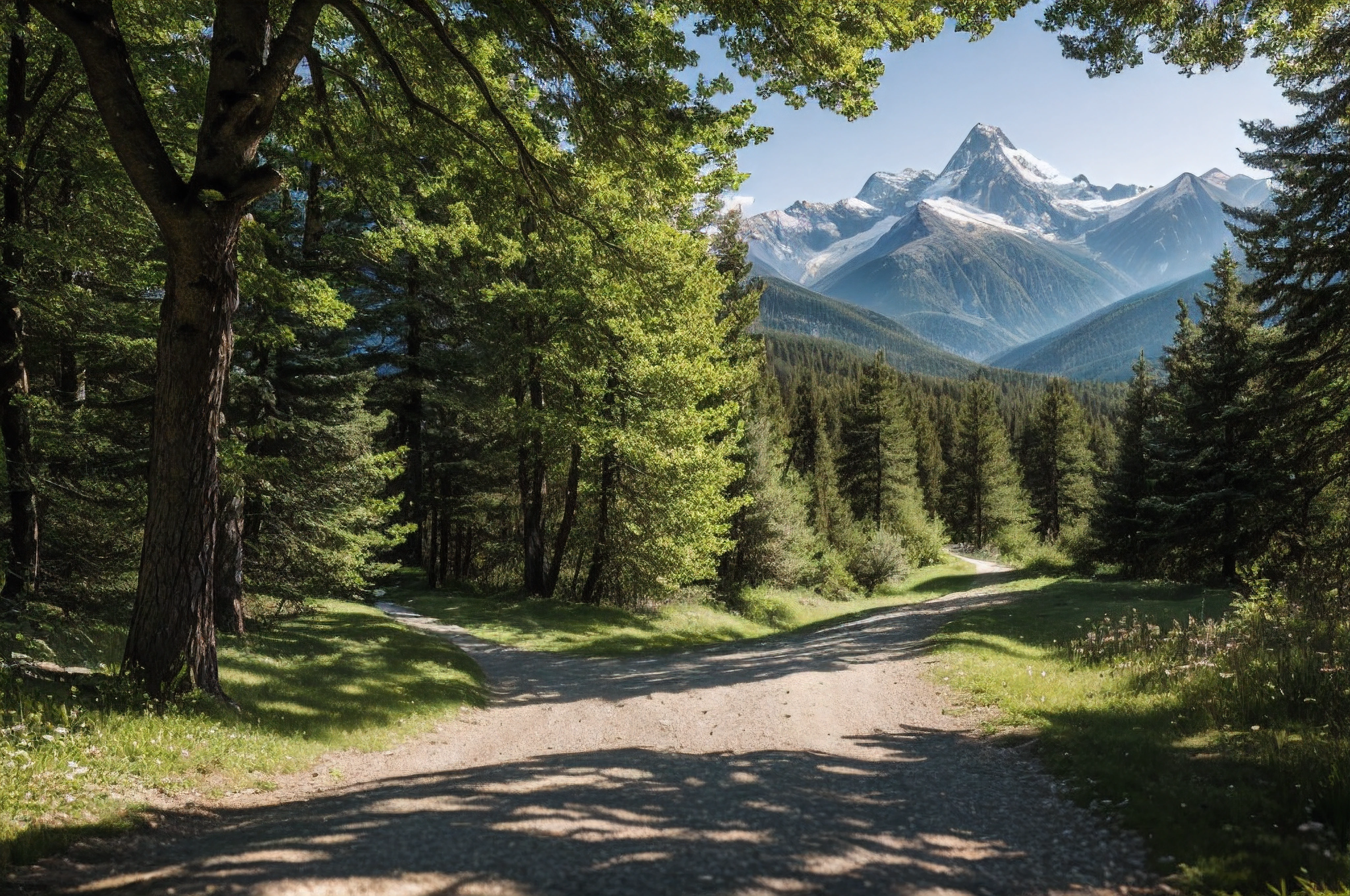 very high resolution, (fidelity: 1.4), photo, day, best quality, 8k, (masterpiece: 1.3), ultra realistic, summer, view of the path through the trees leading to the top of a small mountain, peaks visible in other mountains, best quality, very high resolution, raw photo, bright diffused light, hyper realistic detailed nature