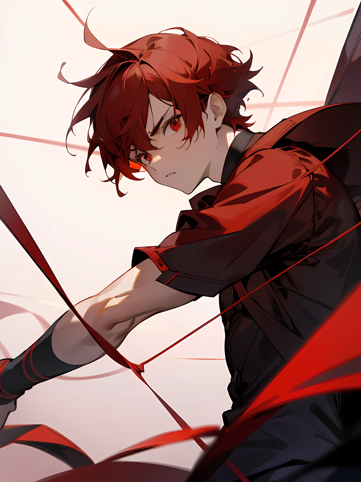 1boy, short red hair, red eyes, serious, upper body shot, surrounded by red strings, looking to the side, absurdres, high res, ultrasharp, 8k, masterpiece
