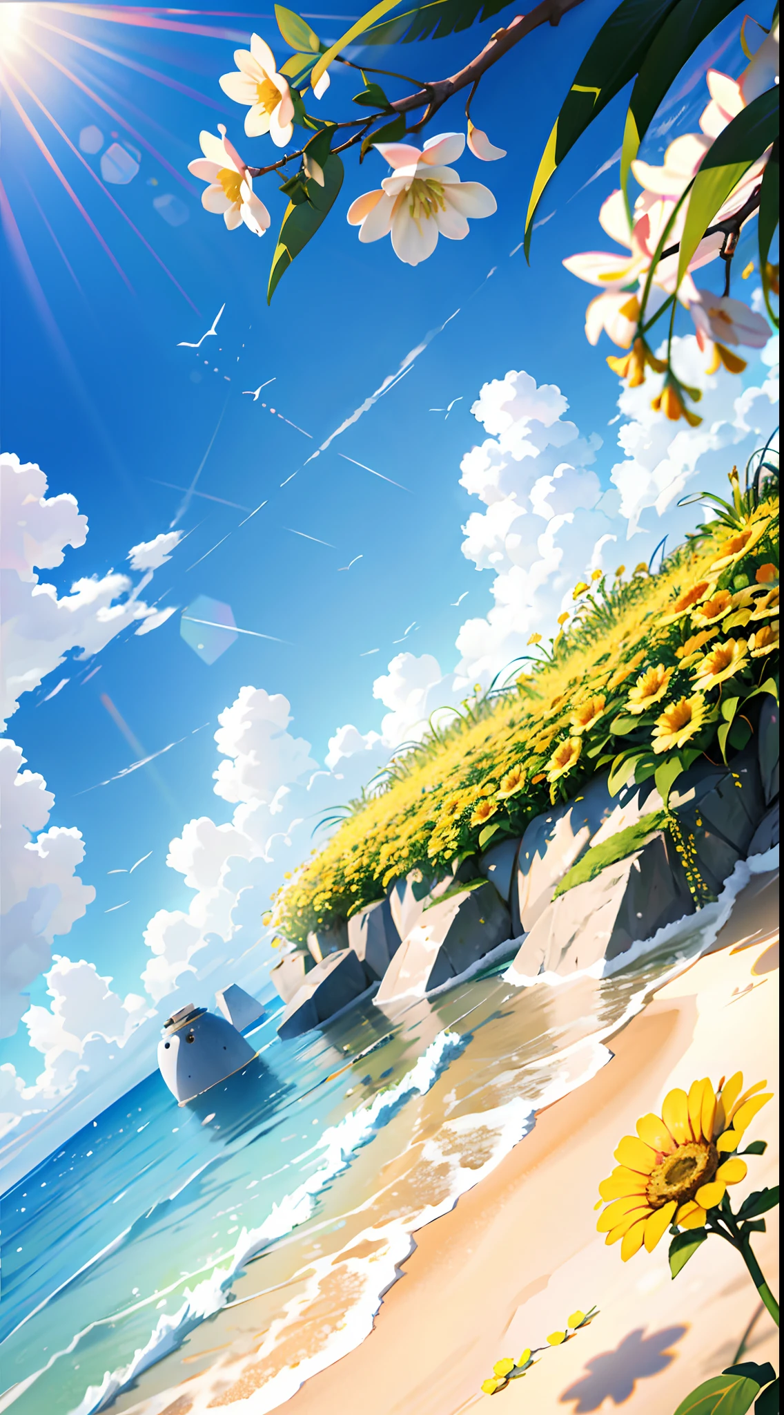 Hyper realistic scene, cosmetic bottle surrounded by yellow flowers, blue sky background, water, sunlight, low angle view, blender, product rendering, HD 8K. --v6