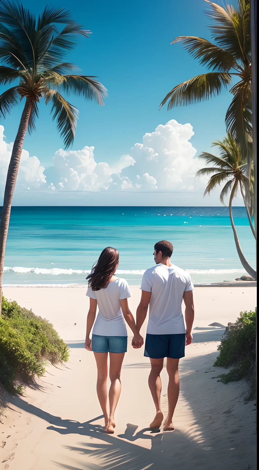 Traveling along the beach with palm trees, Sea, Sky with clouds, Realistic picture of a man in a T-shirt and shorts and a woman in a dress, stand with your back, hold hands;, Realistic symmetrical arms, Realistic symmetrical legs, beautiful symmetric face