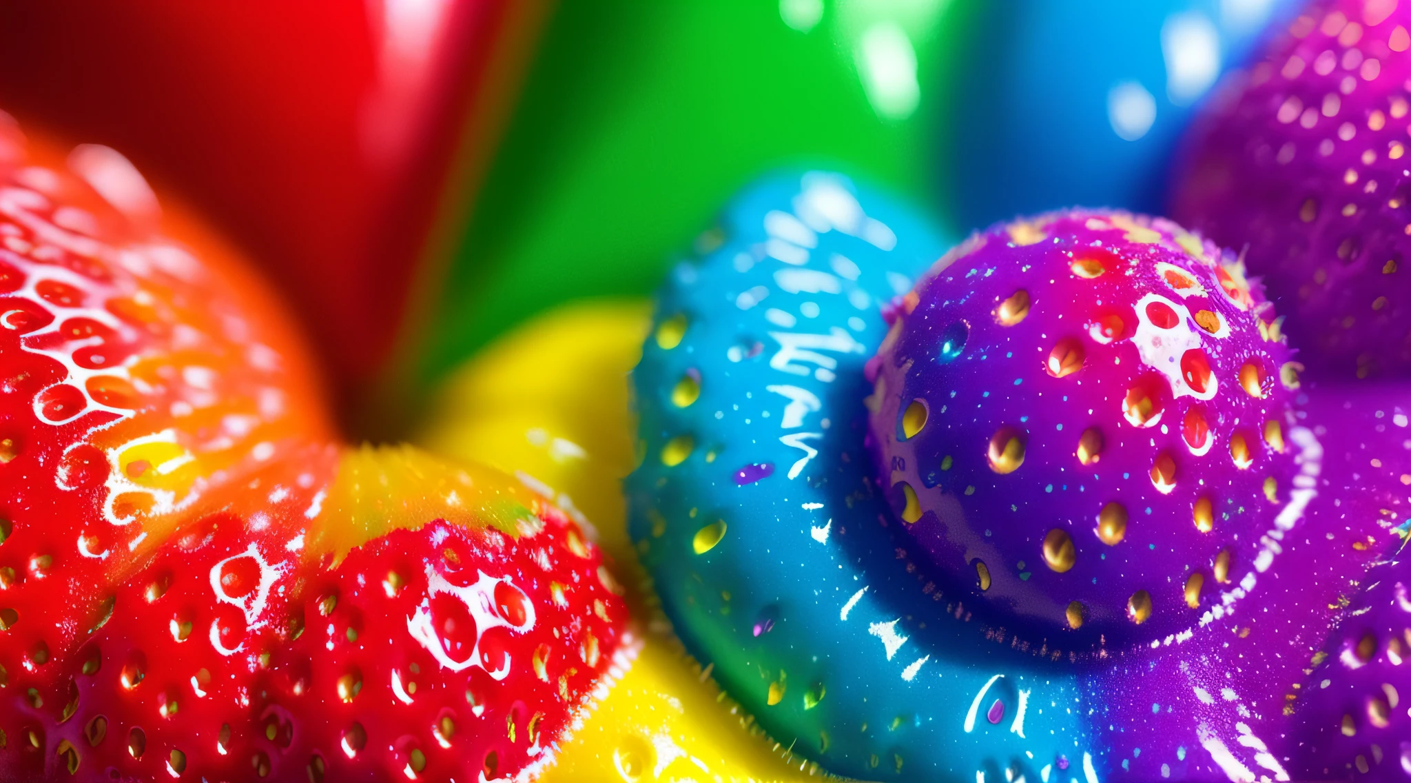 a close up of a strawberry covered in paint, vibrant colors hyper realism, colorful hyperrealism, berries dripping juice, viscous rainbow paint, vibrant realistic colors, rainbow liquids, juicy color, cinema 4d colorful render, colorful art, dripping colors, realistic colorful photography, blender art, colorful hd picure, colourful 4 k hd, colorful chromatic abberation, strawberry