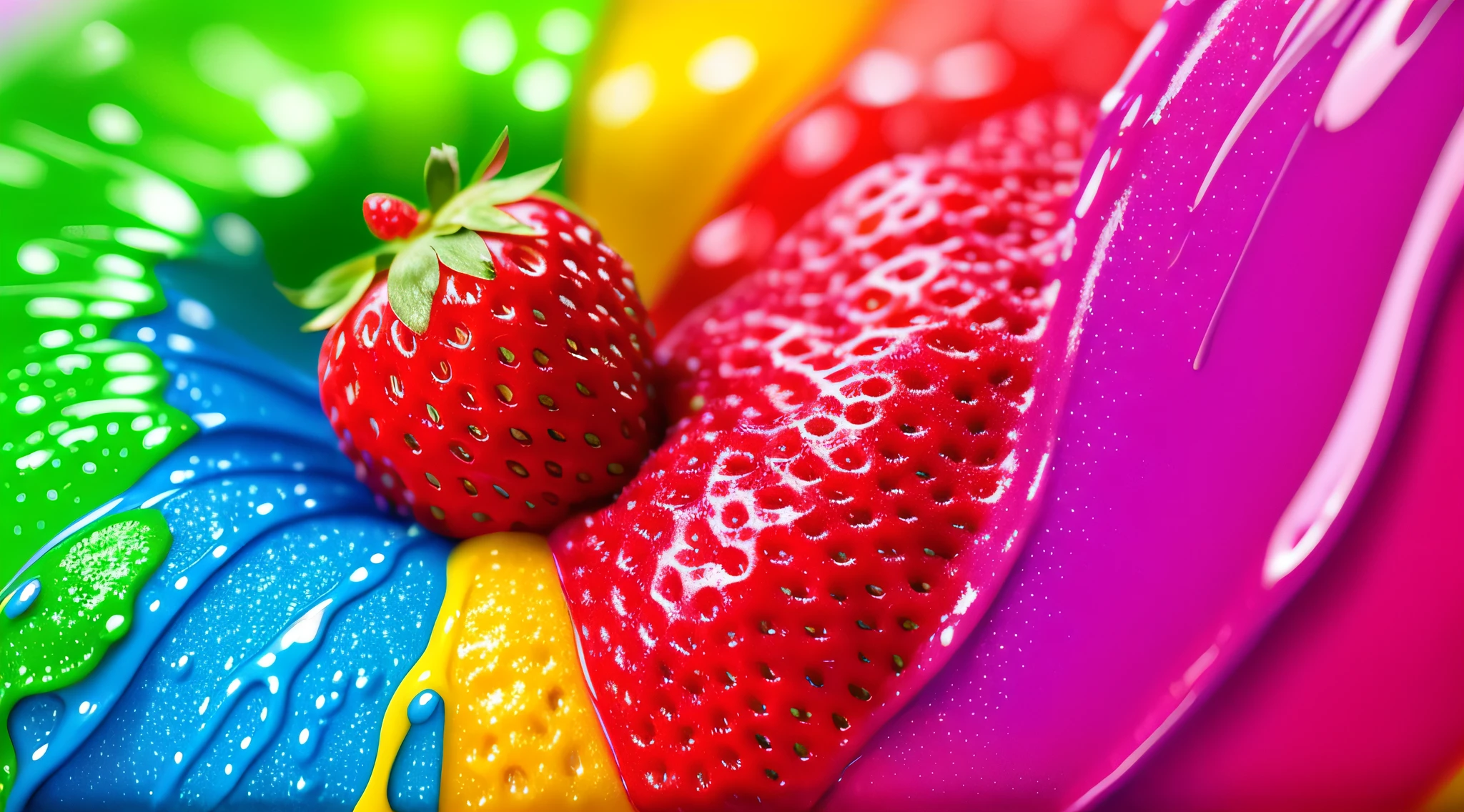 a close up of a strawberry covered in paint, vibrant colors hyper realism, colorful hyperrealism, berries dripping juice, viscous rainbow paint, vibrant realistic colors, rainbow liquids, juicy color, cinema 4d colorful render, colorful art, dripping colors, realistic colorful photography, blender art, colorful hd picure, colourful 4 k hd, colorful chromatic abberation, strawberry