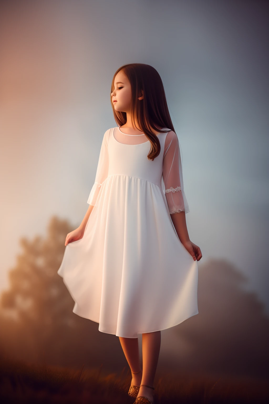 River, girl in white dress, warm light, night, roses different color, fog