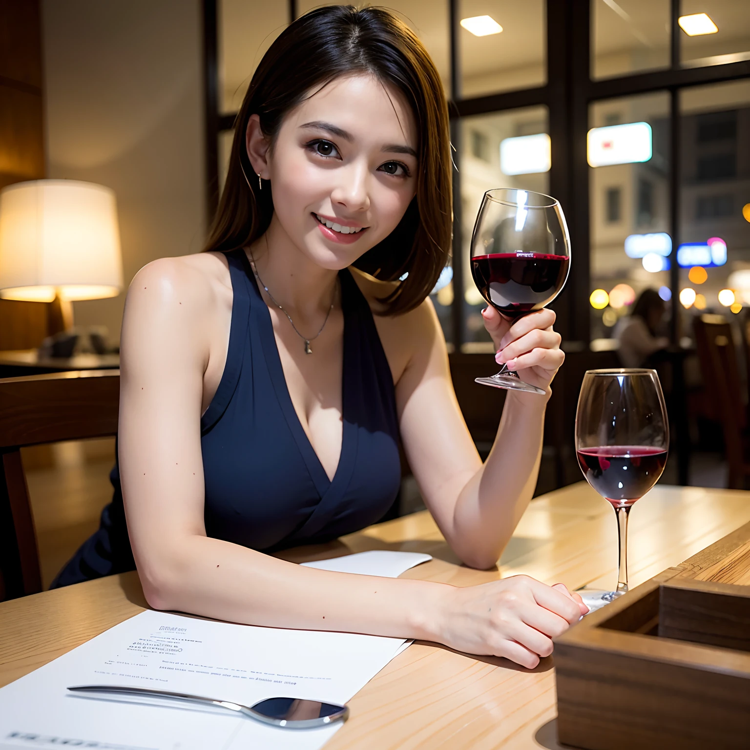 (64K, UHD, top quality, masterpiece: 1.2), (realistic, photorealistic: 1.37), super detailed, pretty woman 1 person, (slim face), (slim body), (brown hair), (short cut), cheeks slightly blushing, (44 years old), 38 years old, solo, beautiful detailed urban night view outside the window, restaurant, wine glasses sit, at night, in a prominent placeNovaFrogStyle, Actress, Model, Waist Up, White Wine, Slim, Wine Glass, Super Clean Night View, Wine Glass Put in the Middle, Happy Smile, (Smile: 1.15), Beautiful Fine Eyes, Upper Body, Bust Japan Up, Night, Short, Short, Actress, Model, Waist Up, White Wine, Slim, Wine Glass, Super Clean Night View, Wine Glass Put in the Middle, Happy Smile,