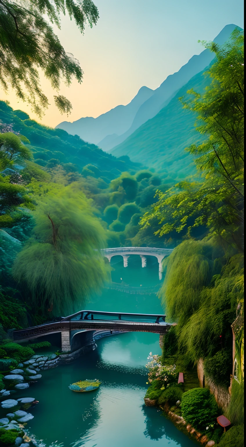 At dusk, green trees, willows flying, surrounded by blue water, small bridges and flowing water, antique color, floral fragrance, warm as jade, birds singing and flowers, water town paintings, leisurely, real photography, 16K resolution
