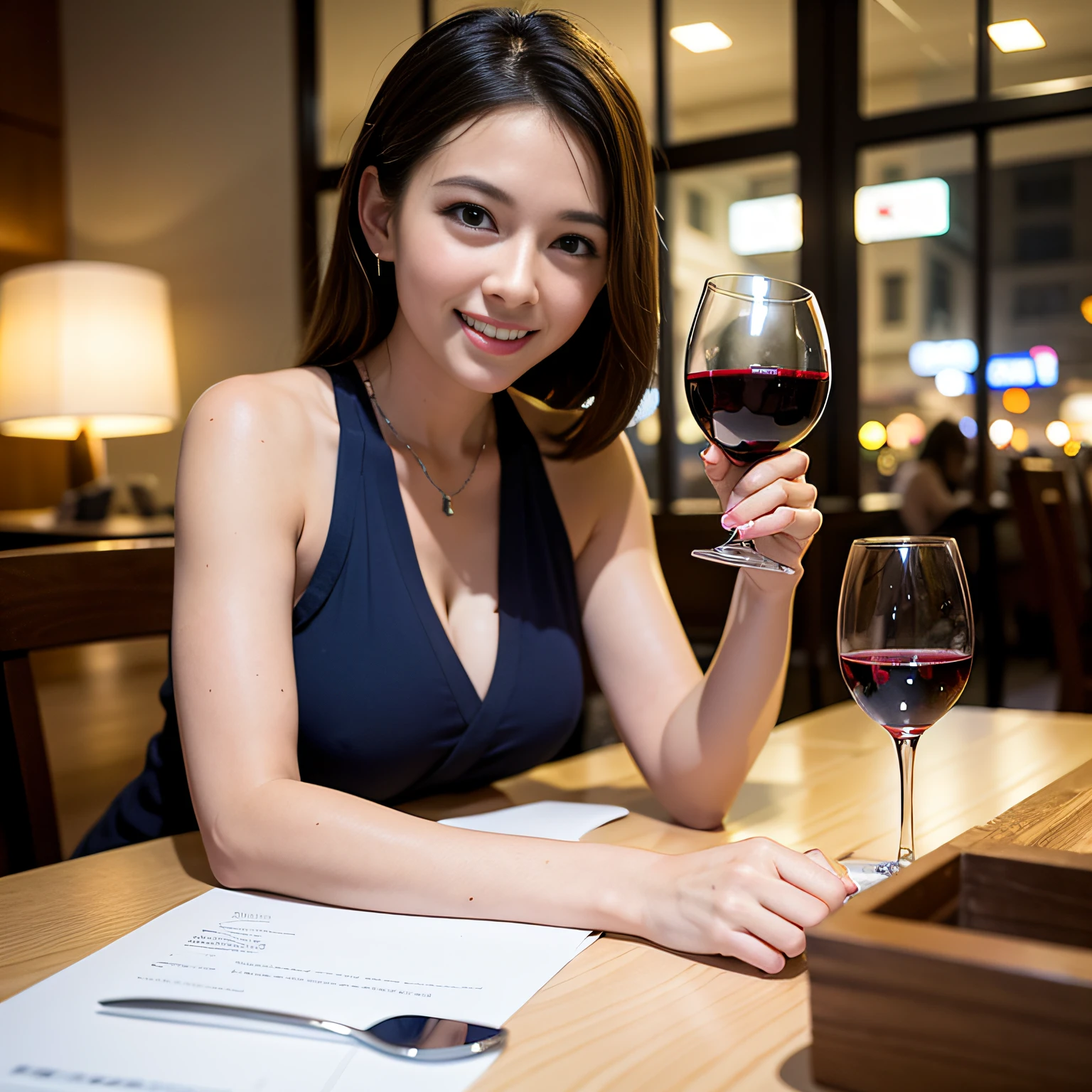 (64K, UHD, top quality, masterpiece: 1.2), (realistic, photorealistic: 1.37), super detailed, pretty woman 1 person, (slim face), (slim body), (brown hair), (short cut), cheeks slightly blushing, (44 years old), 38 years old, solo, beautiful detailed urban night view outside the window, restaurant, wine glasses sit, at night, in a prominent placeNovaFrogStyle, Actress, Model, Waist Up, White Wine, Slim, Wine Glass, Super Clean Night View, Wine Glass Put in the Middle, Happy Smile, (Smile: 1.15), Beautiful Fine Eyes, Upper Body, Bust Japan Up, Night, Short, Short, Actress, Model, Waist Up, White Wine, Slim, Wine Glass, Super Clean Night View, Wine Glass Put in the Middle, Happy Smile,