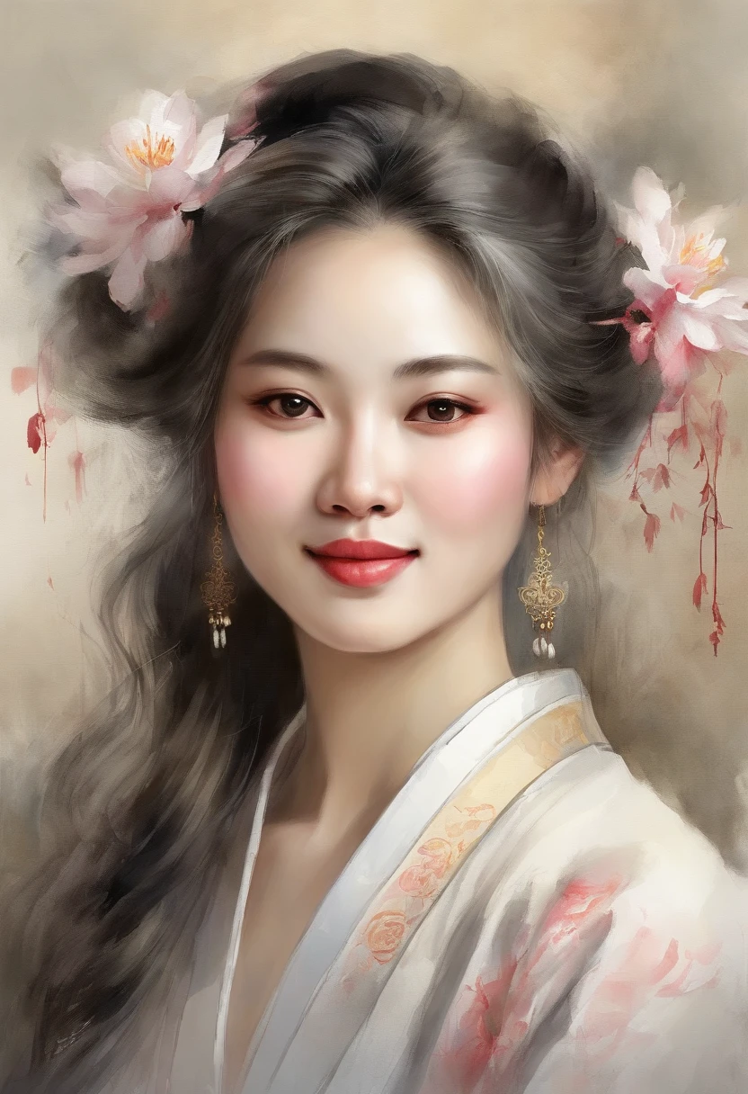 An ancient Chinese girl, Light-colored hair, Slightly curled, Realistic facial features, Hanfu，high high quality，big breasts beautiful，tmasterpiece，Best quality at best