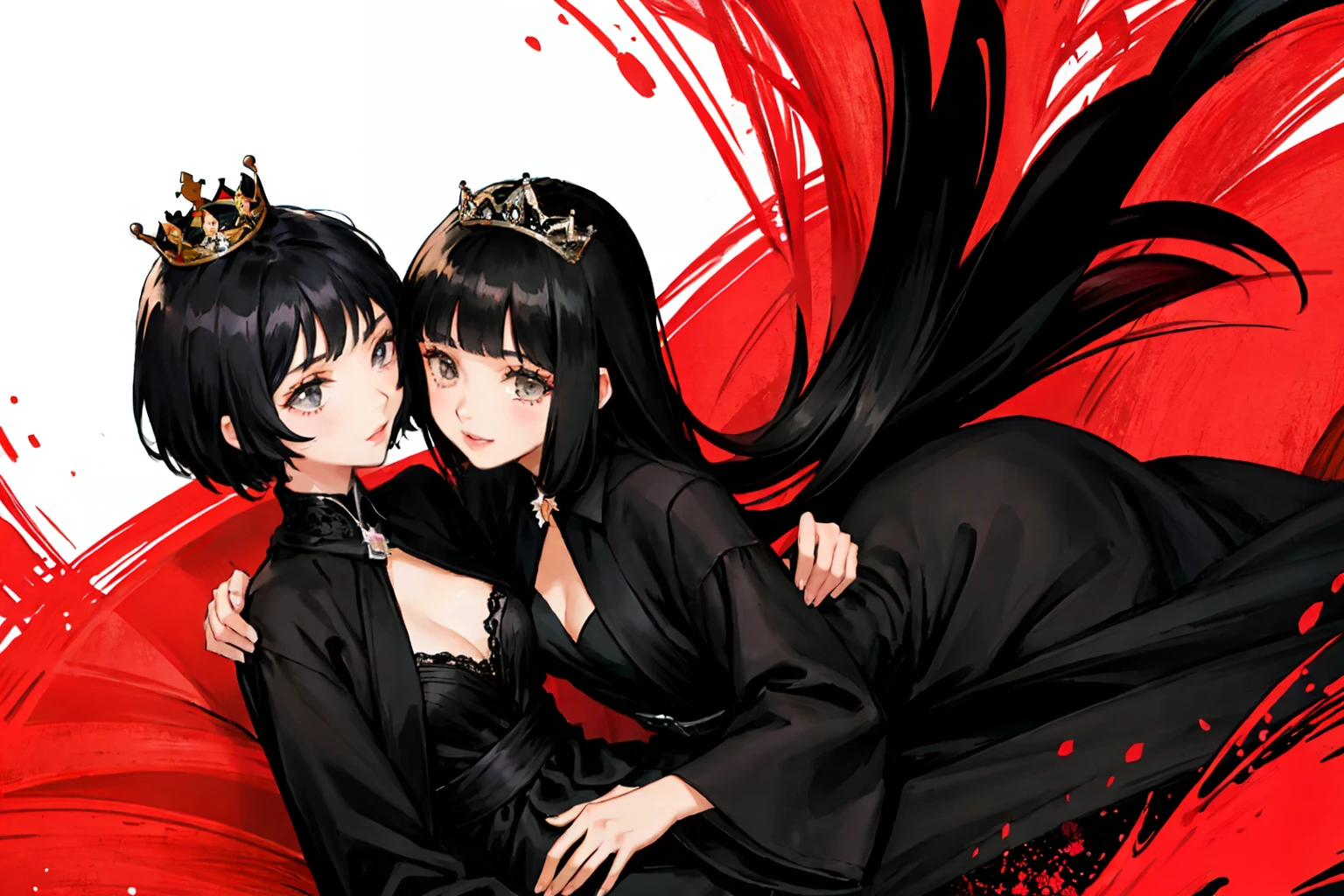 Two beautiful girls,A black long straight,A short black haircut,Two girls glued together for sex,The long-haired girl put a crown on the short-haired girl