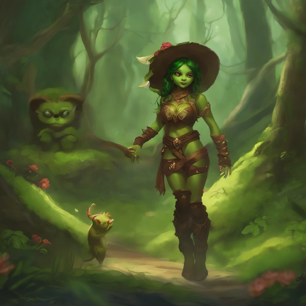 Best quality,Goblins as ,Green skin,anime big breast,Western fantasy style