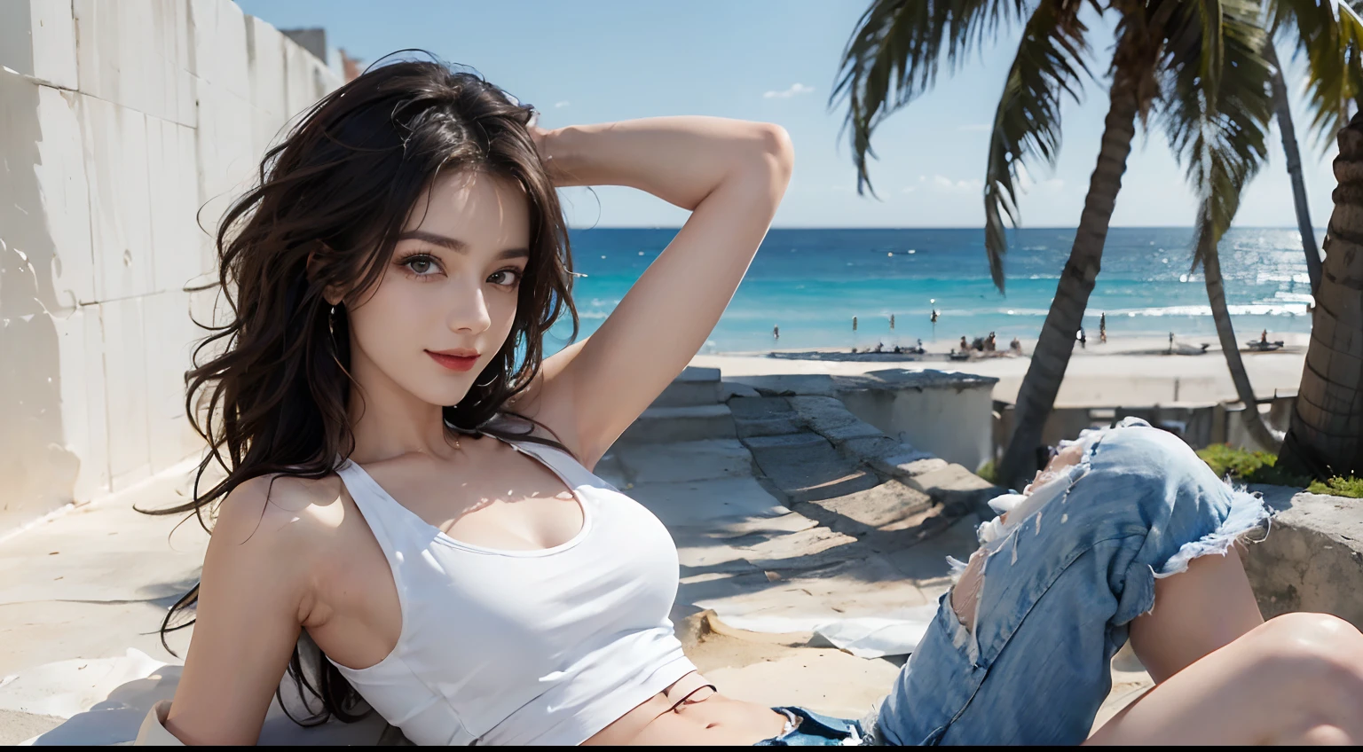 ((best qualtiy, 8K, tmasterpiece:1.3)), edgy:1.2, A beautiful woman with a perfect body:1.4, Slim Abs:1.2, ((Layered hairstyle, large full breasts:1.5)), (Athens，the street：1.2），saturated：1.5，Highly detailed facial and skin texture，A detailed eye，Double eyelidd，Look at the camera sideways，open shirt，navels，exposed navel，Cover your chest with your hands，hands on breasts, , Sunny weather, seaside, waves, palm tree, White t-shirt and ripped shorts, Sunny weather, seaside, waves, palm tree, White t-shirt and ripped shorts, Sunny weather, seaside, waves, palm tree, (White tank top t-shirt and ripped shorts), (Underarms), (White tank top t-shirt and ripped jeans), (Underarms), (White tank top t-shirt and ripped shorts), (Underarms), (White tank top t-shirt and ripped jeans), (Underarms), (White tank top t-shirt and ripped shorts), (Underarms), (White tank top t-shirt and ripped jeans), (Underarms), (Sorrisos), (Sorrisos)