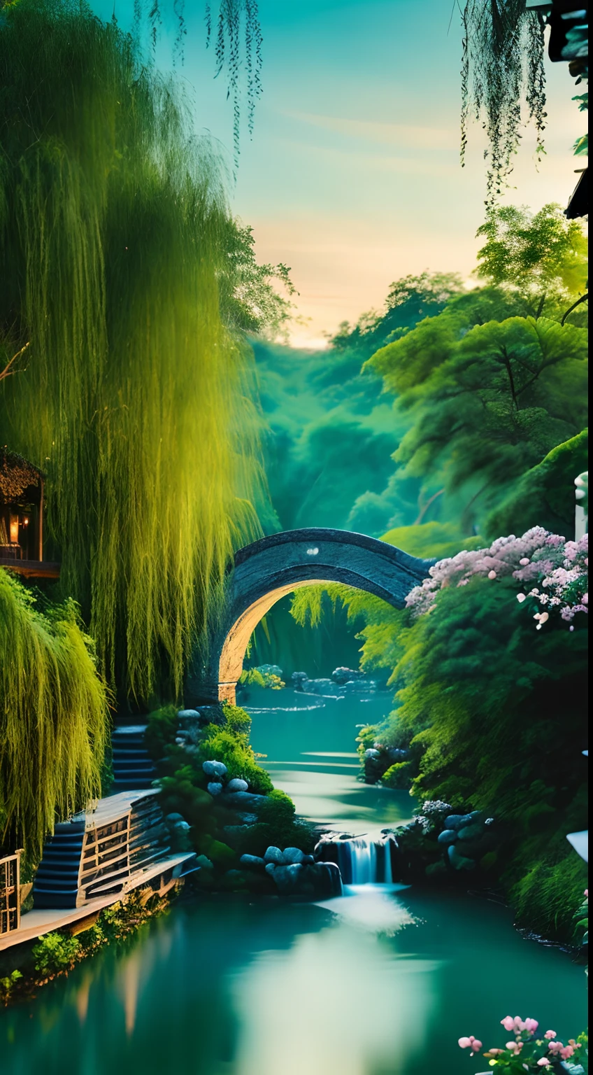 At dusk, green trees, willows flying, surrounded by blue water, small bridges and flowing water, antique color, floral fragrance, warm as jade, birds singing and flowers, water town paintings, leisurely, real photography, 16K resolution
