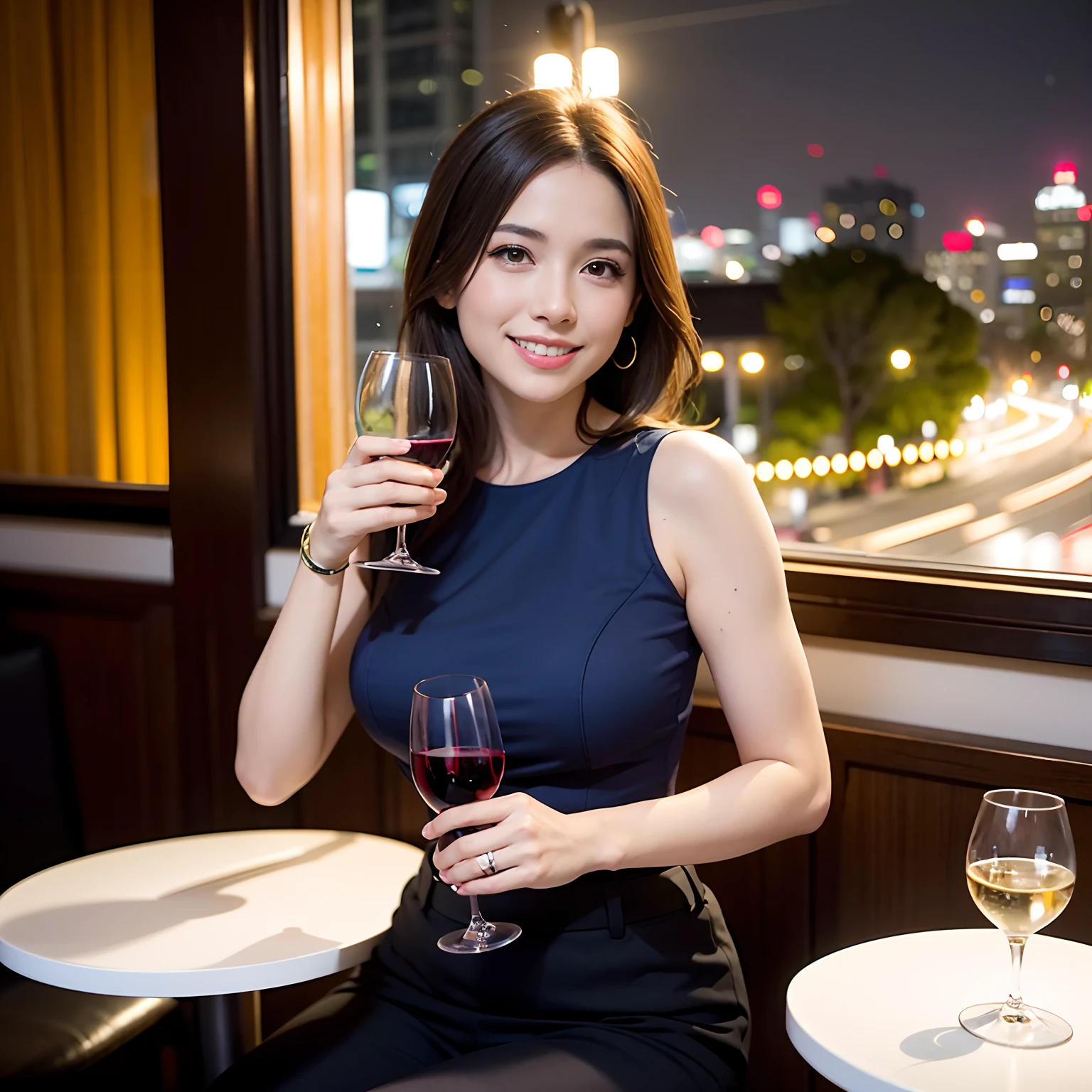 (64K, UHD, top quality, masterpiece: 1.2), (realistic, photorealistic: 1.37), super detailed, pretty woman 1 person, (slim face), (slim body), (brown hair), (short cut), cheeks slightly blushing, (44 years old), 38 years old, solo, beautiful detailed urban night view outside the window, restaurant, wine glasses sit, at night, in a prominent placeNovaFrogStyle, Actress, Model, Waist Up, White Wine, Slim, Wine Glass, Super Clean Night View, Wine Glass Put in the Middle, Happy Smile, (Smile: 1.15), Beautiful Fine Eyes, Upper Body, Bust Japan Up, Night, Short, Short, Actress, Model, Waist Up, White Wine, Slim, Wine Glass, Super Clean Night View, Wine Glass Put in the Middle, Happy Smile,