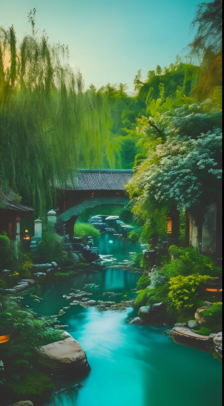 At dusk, green trees, willows flying, surrounded by blue water, small bridges and flowing water, antique color, floral fragrance, warm as jade, birds singing and flowers, water town paintings, leisurely, real photography, 16K resolution