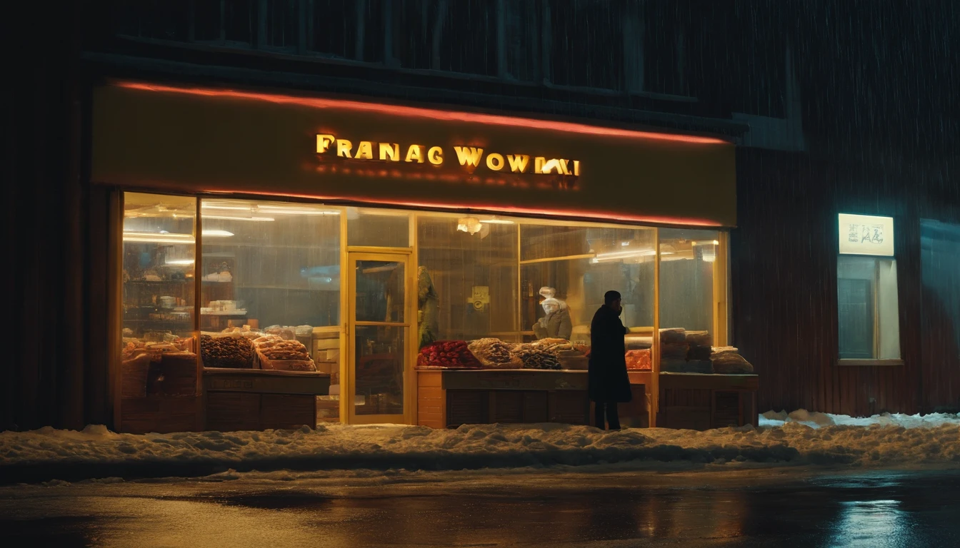 Snowy night view of the small shop, A small yellow box is parked in front,snow cover., Inspired by Wong Kar-wai's work, In the style of Zhang Yimou's works. Scenes are the conceptual art of film and television films, Similar to concept art in movies. The store is a convenience store,nevando,Pyrotechnics,christmas,Christmas Eve,Road,zona rural,Lifelike,Eye level,cinematic photogtaphy,Super realistic,wide screen.(张艺谋 in the mood of,Wong Kar-wai)