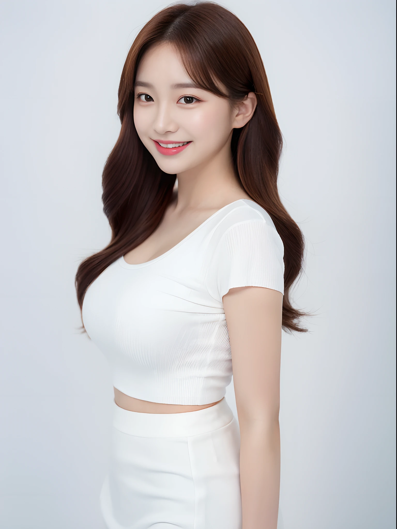 Best quality at best, masterpiece, 1Girl, beautifull face, (Photo Photorealistic:1.3), rim lighting, (High-detail skins:1.2), 8K UHD, DSLR, highs quality, high resolucion, 8K, Bokeh, absurderes, Best Ratio Four Fingers and One Thumb, (realisitic: 1.3), cute 1girl, white tea, mediuml breasts, short skirts, ((White background)), ((profile photo)), Smiling faces, Korean Idol Makeover
