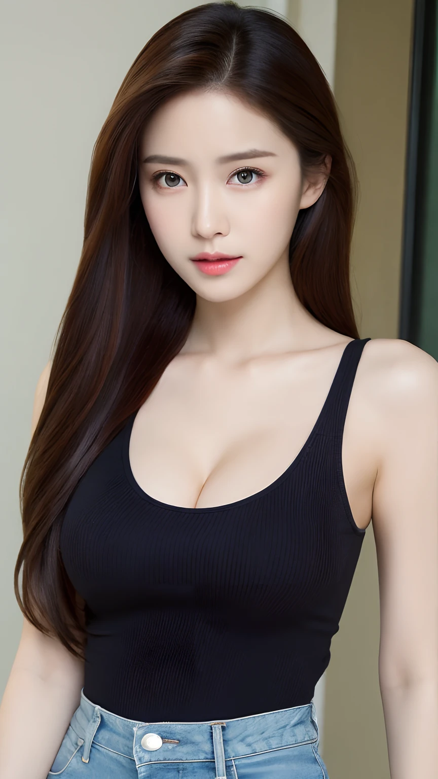 （Lifelike， A high resolution：1.3）， 1 girl with a perfect body， Super fine face and eyes，long whitr hair， Tank top of random colors：1.2， short jeans pants， Bigboobs，Expose cleavage