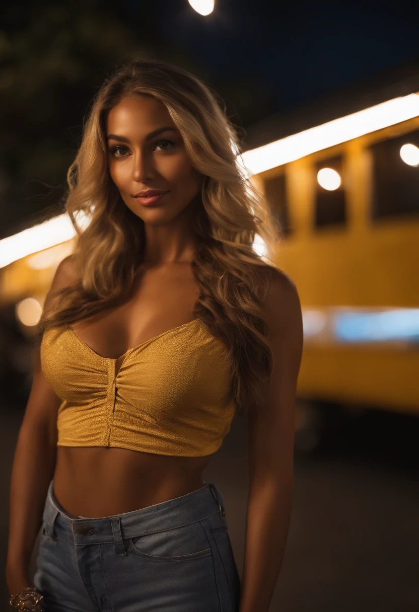 (selfie shot, from above: 1.4), (full-body portrait: 1.4), 24-year-old blonde (blue-eyed woman) walking in a bar RAW uhd portrait photo, natural breast_b, on the bed, (yellow sundress), (crack), detailed (texture!, hair!, shine, color!!, flaws: 1.1), highly detailed glowing eyes, (looking at camera), specular light, dslr, extreme quality, sharp focus, sharp, dof, Film grain, (centered), Fujifilm XT3, crystal clear, center of frame, cute face, sharp focus, street lamp, neon lights, bokeh, (dark light), low key, night, (night sky ) detailed skin pores, oil Dark skin, brown, complex eye details, zoom out