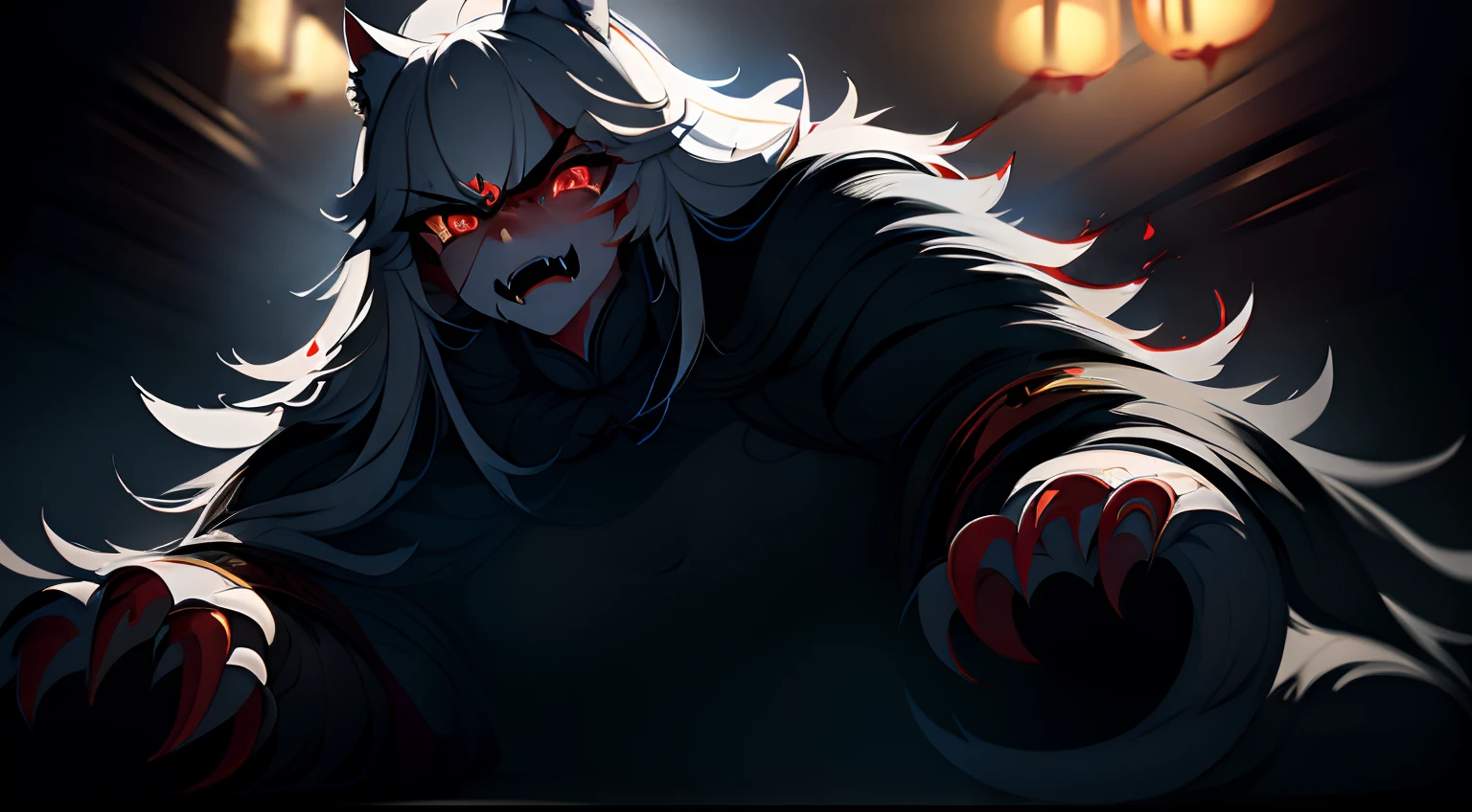 Best quality,Masterpiece,超高分辨率,(Photorealistic:1.4)，Big cat,Fierce,(Dynamic Angle),True blood,Angry,Gape,red - eyed,White fangs,(White hair), red color eyes, (full bodyesbian), (((Claws))),（Tears），Blood drop,Blood fog, Floating hair，Splashing blood,(blood stain),