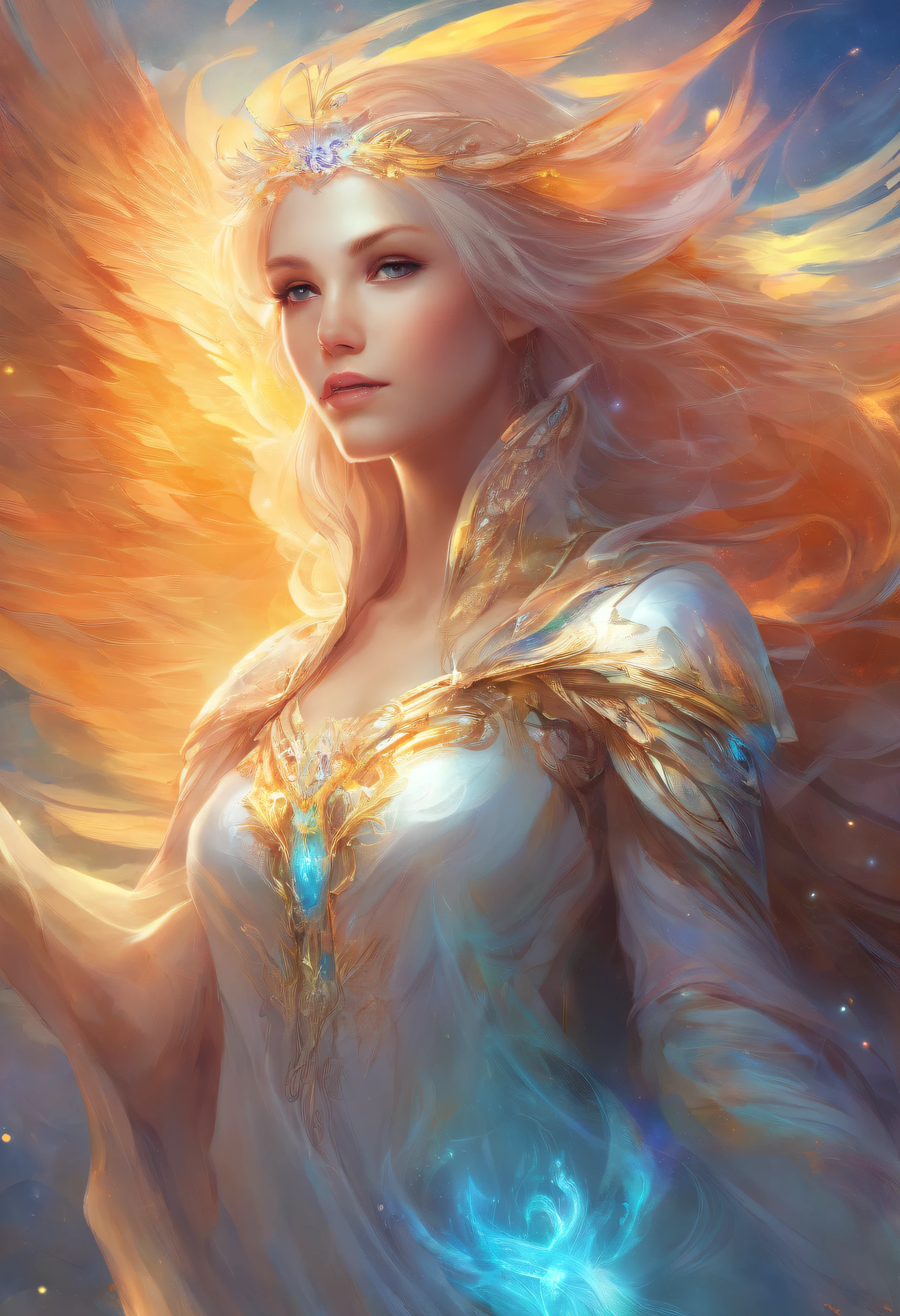 Cosmic Fallen Female Angel, Bright and clear eyes, Biomechanicals, Strangely, horrid, nightmare, Very bright colors, Light particles, There is bright light, Mshiv, wallpaper art, ultra HD wallpaper