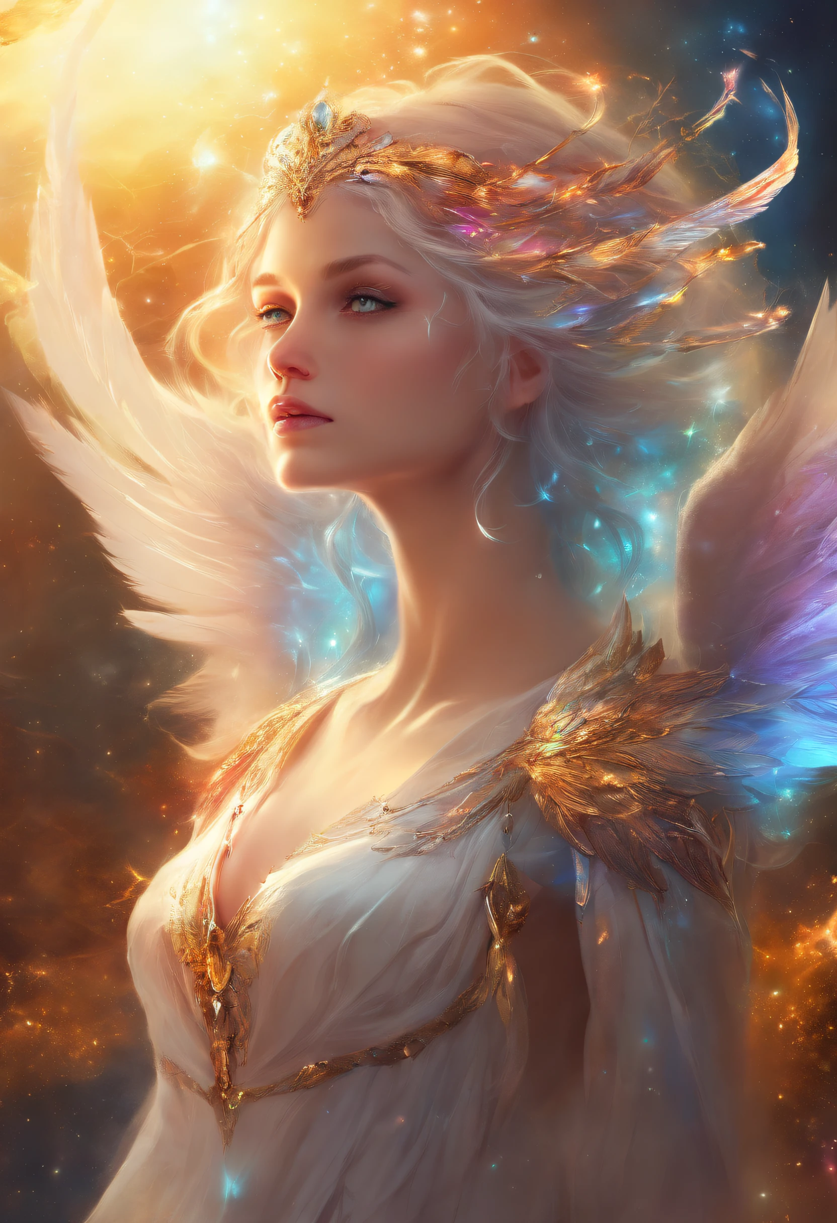 Cosmic Fallen Female Angel, Bright and clear eyes, Biomechanicals, Strangely, horrid, nightmare, Very bright colors, Light particles, There is bright light, Mshiv, wallpaper art, ultra HD wallpaper