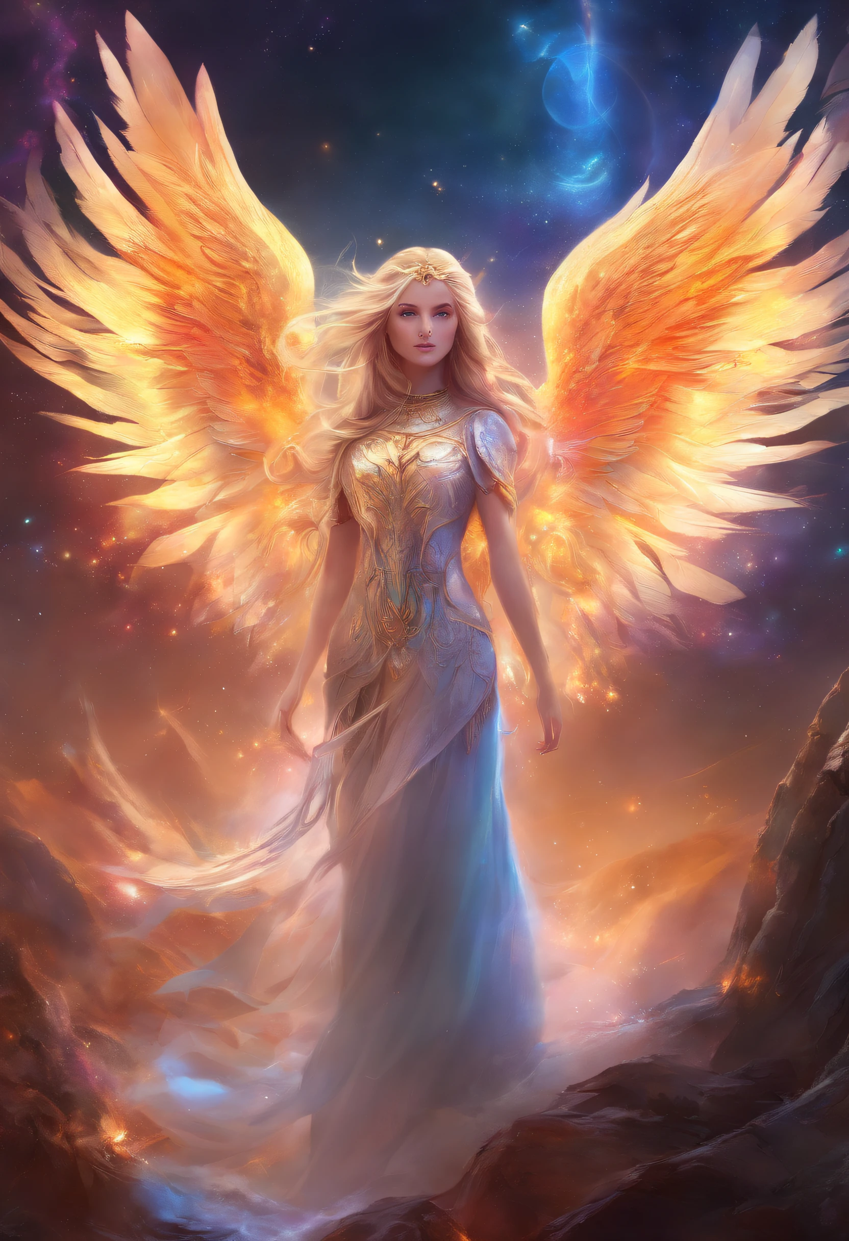Cosmic Fallen Female Angel, Bright and clear eyes, Biomechanicals, Strangely, horrid, nightmare, Very bright colors, Light particles, There is bright light, Mshiv, wallpaper art, ultra HD wallpaper