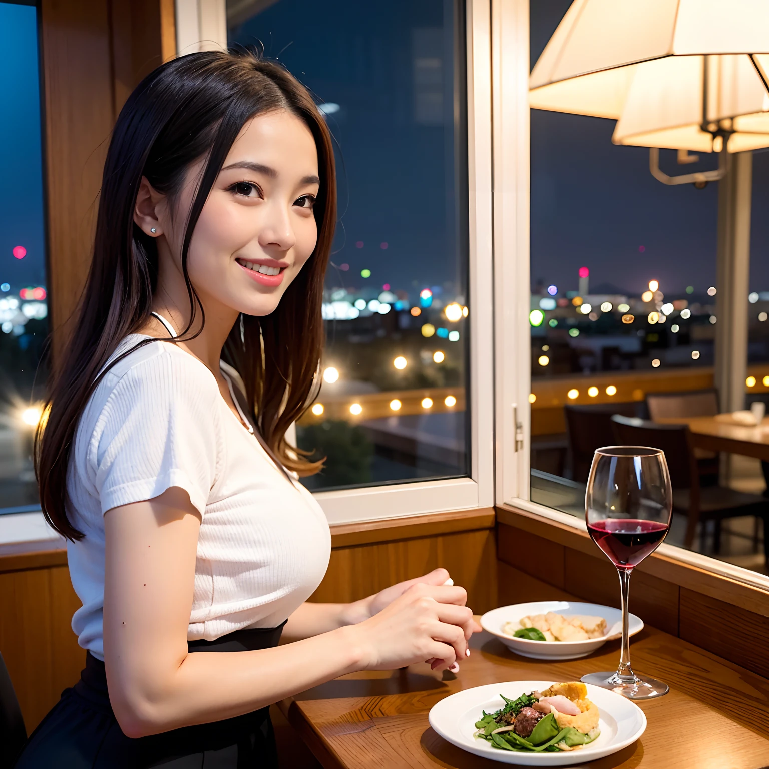 (64K, UHD, top quality, masterpiece: 1.2), (realistic, photorealistic: 1.37), super detailed, pretty woman 1 person, (slim face), (slim body), (brown hair), (short cut), cheeks slightly blushing, (44 years old), 38 years old, solo, beautiful detailed urban night view outside the window, restaurant, wine glasses sit, at night, in a prominent placeNovaFrogStyle, Actress, Model, Waist Up, White Wine, Slim, Wine Glass, Super Clean Night View, Wine Glass Put in the Middle, Happy Smile, (Smile: 1.15), Beautiful Fine Eyes, Upper Body, Bust Japan Up, Night, Short, Short, Actress, Model, Waist Up, White Wine, Slim, Wine Glass, Super Clean Night View, Wine Glass Put in the Middle, Happy Smile,