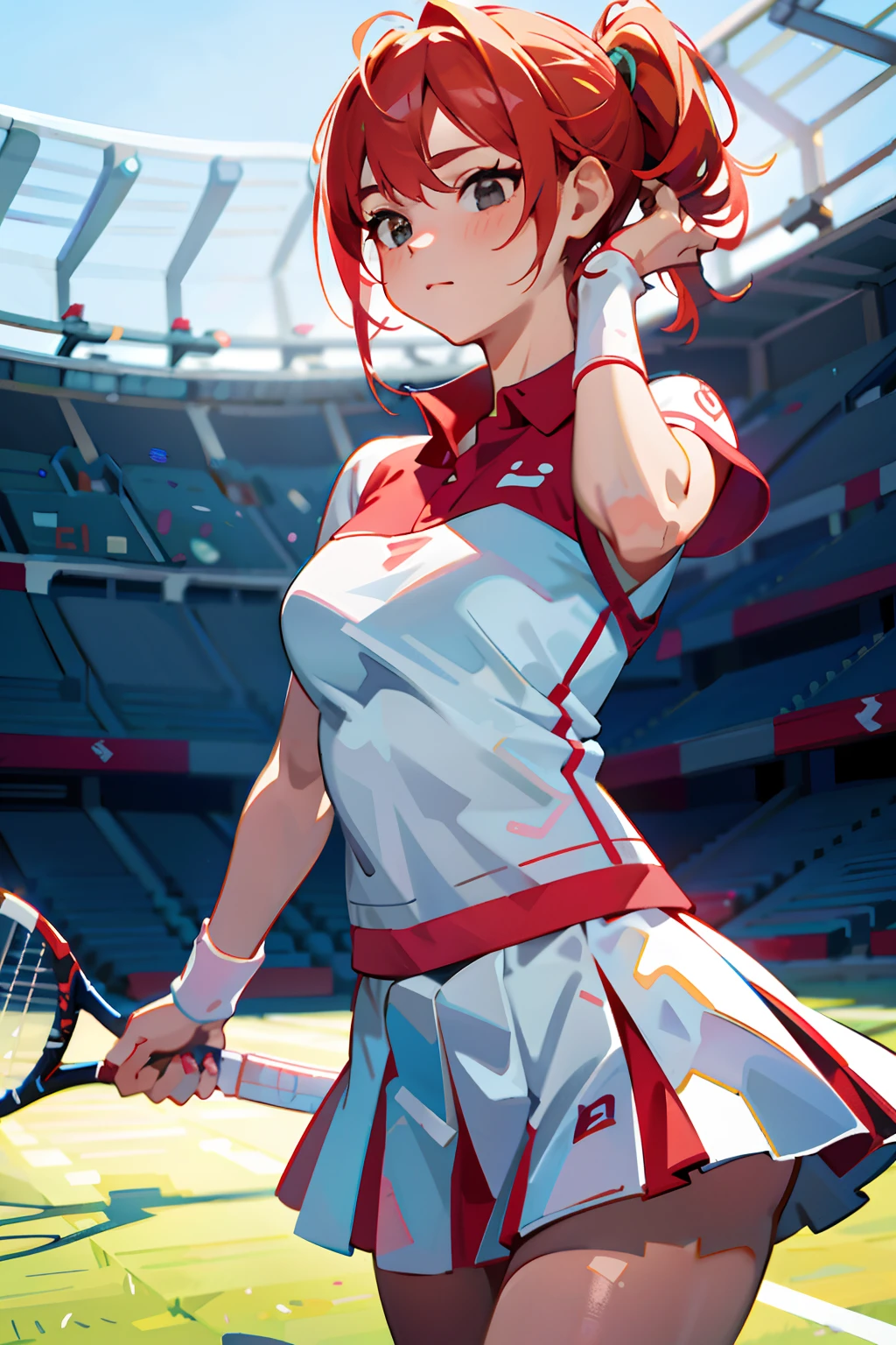 1 female tennis player，White shirt，Red skirt，White socks，dual horsetail，(vibrancy:1.3)、Tennis racket in hand，Exercise posture，(stadio:1.5)、closeup cleavage、RAW photography, top-quality, A high resolution, (tmasterpiece), (Photorealsitic:1.4),foco nítido, 8K分辨率, intricately details, depth of fields, the Extremely Detailed CG Unity 8K Wallpapers, Frontlighting,