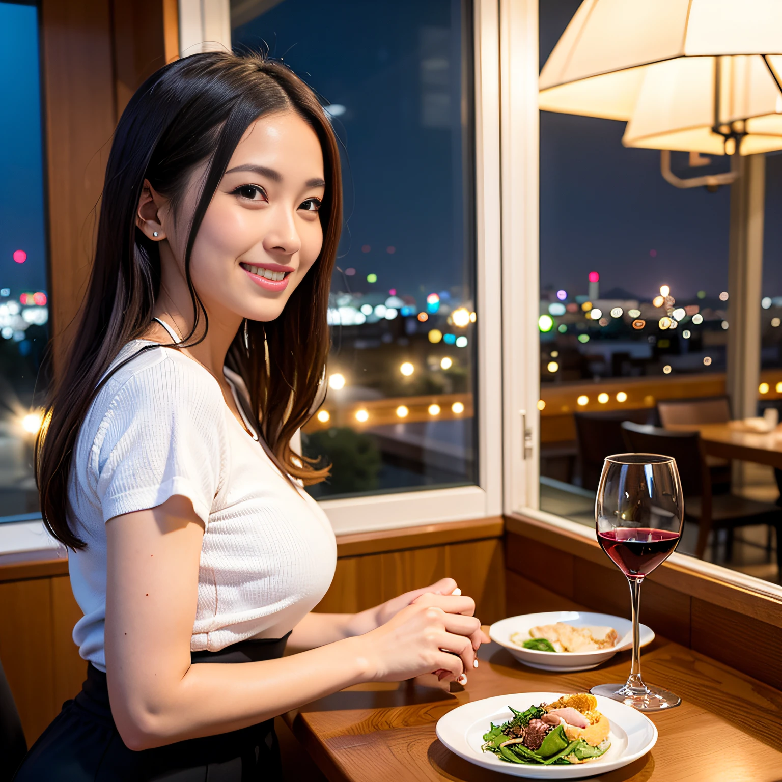 (64K, UHD, top quality, masterpiece: 1.2), (realistic, photorealistic: 1.37), super detailed, pretty woman 1 person, (slim face), (slim body), (brown hair), (short cut), cheeks slightly blushing, (44 years old), 38 years old, solo, beautiful detailed urban night view outside the window, restaurant, wine glasses sit, at night, in a prominent placeNovaFrogStyle, Actress, Model, Waist Up, White Wine, Slim, Wine Glass, Super Clean Night View, Wine Glass Put in the Middle, Happy Smile, (Smile: 1.15), Beautiful Fine Eyes, Upper Body, Bust Japan Up, Night, Short, Short, Actress, Model, Waist Up, White Wine, Slim, Wine Glass, Super Clean Night View, Wine Glass Put in the Middle, Happy Smile,
