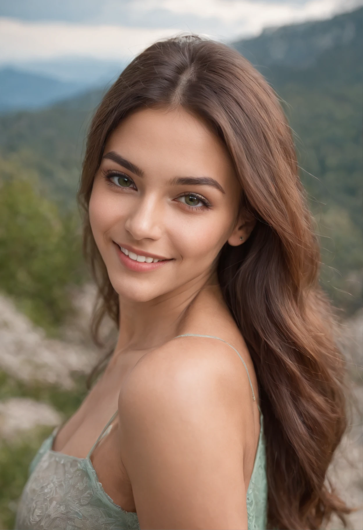 Close up 50mm lens photograph of a beautiful Latina woman, 21 years old, 130 lbs weight, 5.41 feet tall, straight light brown hair, light green eyes, tanned, 6 1/2 shoes, in casual clothes, she has her back turned and turns to the right, she looks at the camera with a mischievous smile on her face, she looks confident and happy, the background is mountains