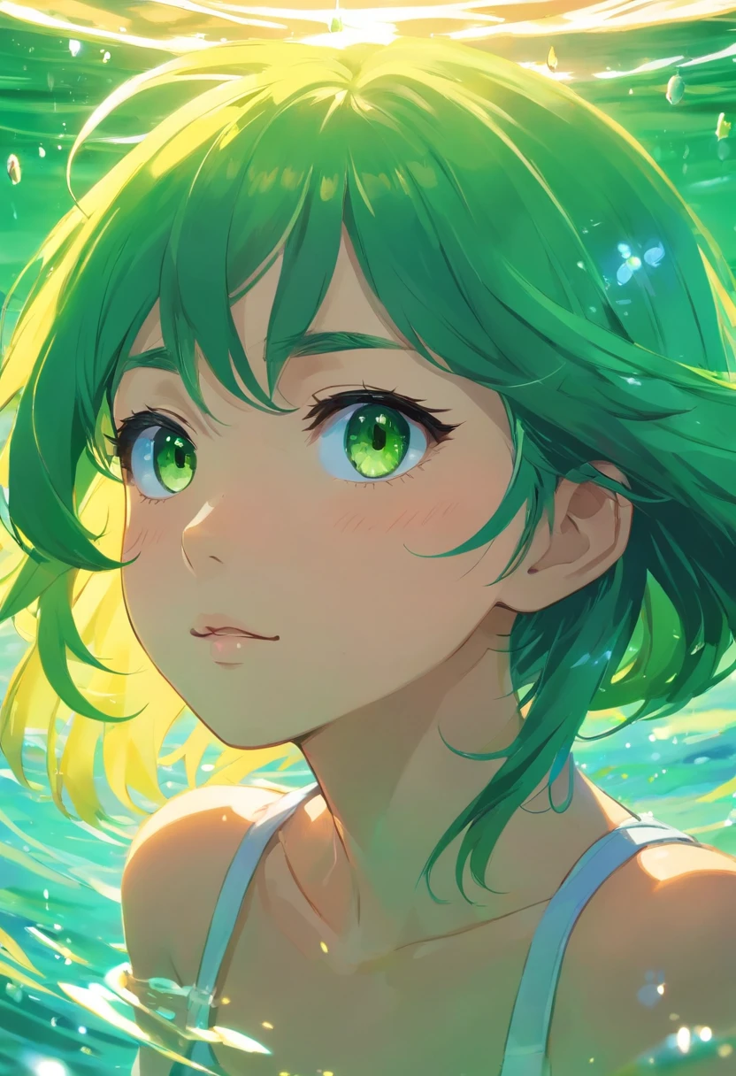 one-girl,largeeyes,green pupills,facial closeups,in the water,Sunlight is projected into the water,The water sparkles on the face,There are fish swimming around