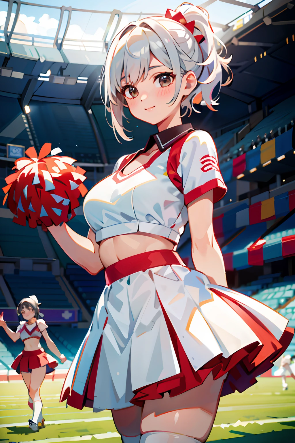 1 female cheerleader，White shirt，Red skirt，White socks，dual horsetail，(plumw:1.3)，ssmile，Exercise posture，Cheerleading pompom in hand，(stadio:1.5)、closeup cleavage、RAW photography, top-quality, A high resolution, (tmasterpiece), (Photorealsitic:1.4),foco nítido, NFFSW, 8K分辨率, intricately details, depth of fields, the Extremely Detailed CG Unity 8K Wallpapers, Frontlighting,cow boy shot，