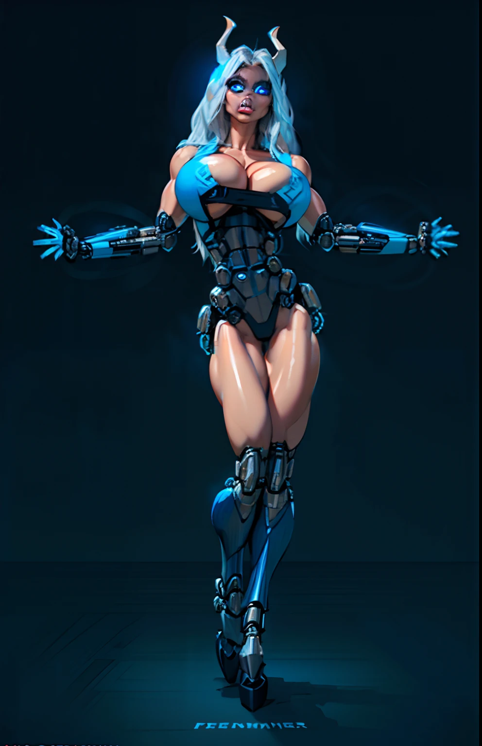 complex 3d render ultra detailed of a beautiful porcelain profile woman android face, cyborg, robotic parts, ((rimmed cybernetic metal horns:1.5)) straight horns going upwards, 150 mm, beautiful studio soft light, ((large mechanical arms:1.6)) rim light, ((gigantic breasts:1.5)) vibrant details, luxurious cyberpunk, lace, ((glowing blue eyes:1.9)), (puffy lips:1.5), hyperrealistic, anatomical, facial muscles, cable electric wires, (metallic abs:1.2)microchip, elegant, beautiful background, octane render, H. R. Giger style, 8k, best quality, masterpiece, illustration, an extremely delicate and beautiful, extremely detailed ,CG ,unity ,wallpaper, (realistic, photo-realistic:1.37),Amazing, finely detail, masterpiece,best quality,official art, extremely detailed CG unity 8k wallpaper, absurdres, incredibly absurdres, robot, silver halmet, full body
