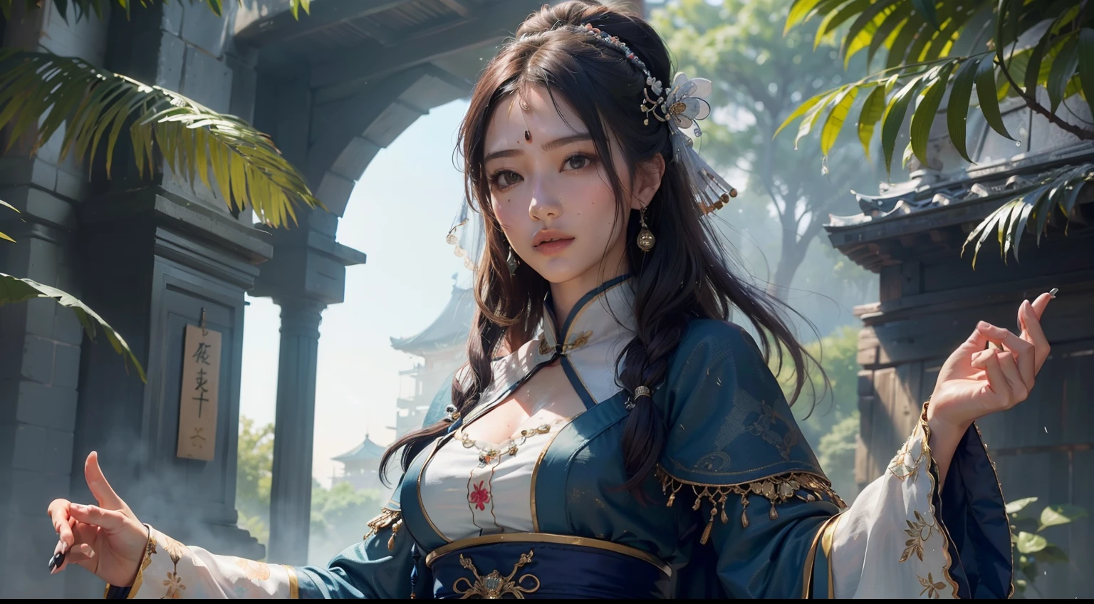 (realisitic,Photorealsitic:1.4),(1 beauty:1.3),(beautiful countenance:1.5),Detailed shiny skin,A detailed eye,Precise hands and fingers,8K HDR, , masterpiece, (Dynamic Angle Video),电影灯光, Finely drawn backgrounds,(Shaman-style costumes,In nature,Carnal beauty,Skin shiny with sweat,omatsuri:1.2)