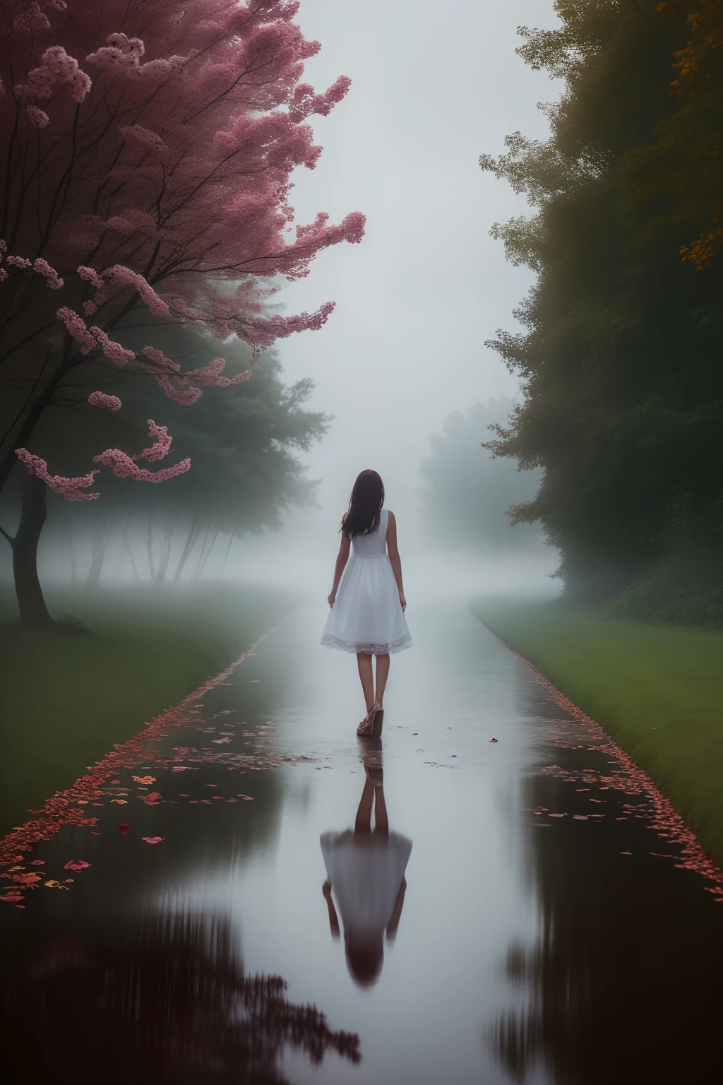 River, girl in white dress, warm light, night, roses different color, fog