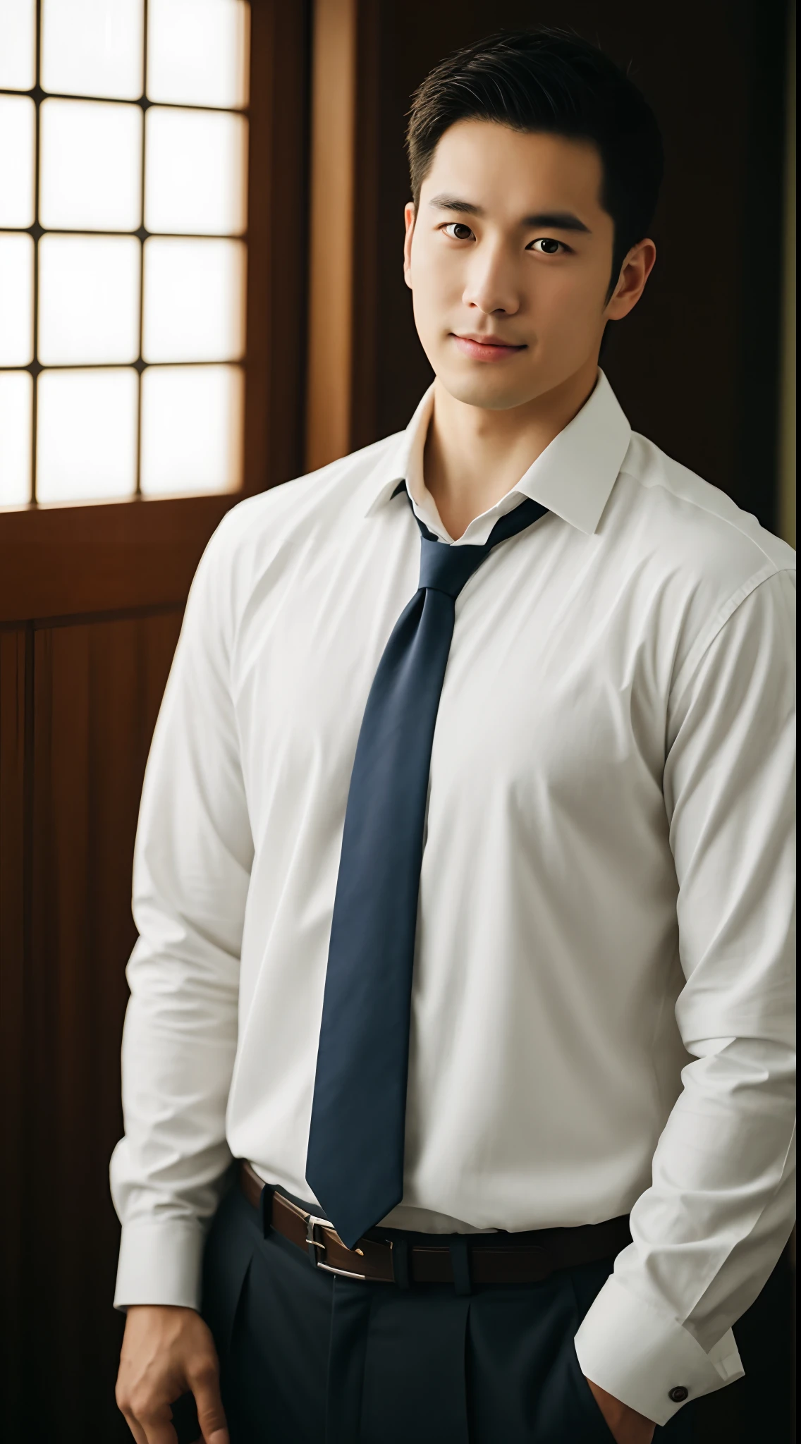 1人,A 25-year-old muscular man,A Japanese,is a teacher,Wear a long-sleeved white shirt and tie,Upper body,gentlesoftlighting,tmasterpiece,best qualtiy,8K UHD,digital SLR camera,filmgrain,Midjourney and greg rutkowski's Fujifilm XT3 realistic painting art