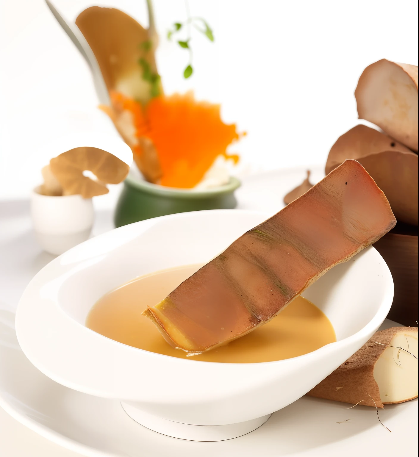 There is a plate of yam,In a bowl of soup,There is a root yam