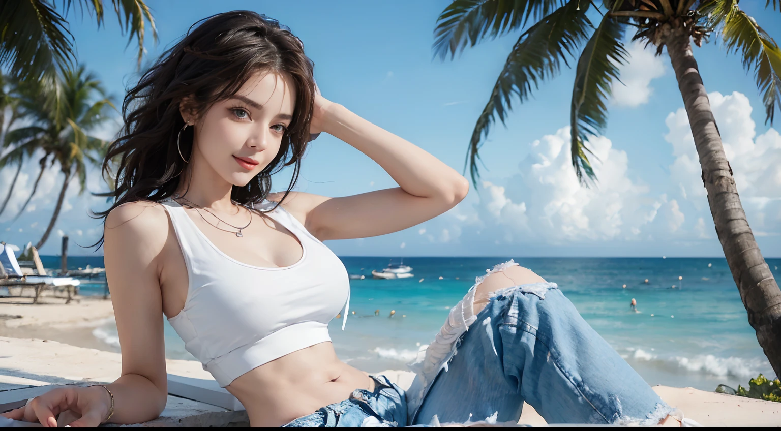 ((best qualtiy, 8K, tmasterpiece:1.3)), edgy:1.2, A beautiful woman with a perfect body:1.4, Slim Abs:1.2, ((Layered hairstyle, large full breasts:1.5)), (Athens,the street:1.2),saturated:1.5,Highly detailed facial and skin texture,A detailed eye,Double eyelidd,Look at the camera sideways,open shirt,navels,exposed navel,Cover your chest with your hands,hands on breasts, , Sunny weather, seaside, waves, palm tree, White t-shirt and ripped shorts, Sunny weather, seaside, waves, palm tree, White t-shirt and ripped shorts, Sunny weather, seaside, waves, palm tree, (White tank top T-shirt and ripped shorts), (Underarms), (White tank top t-shirt and ripped jeans), (Underarms), (White tank top T-shirt and ripped shorts), (Underarms), (White tank top t-shirt and ripped jeans), (Underarms), (White tank top T-shirt and ripped shorts), (Underarms), (White tank top t-shirt and ripped jeans), (Both armpits), (Both armpits),(Both armpits),(Both armpits),(Sorrisos), (Sorrisos)