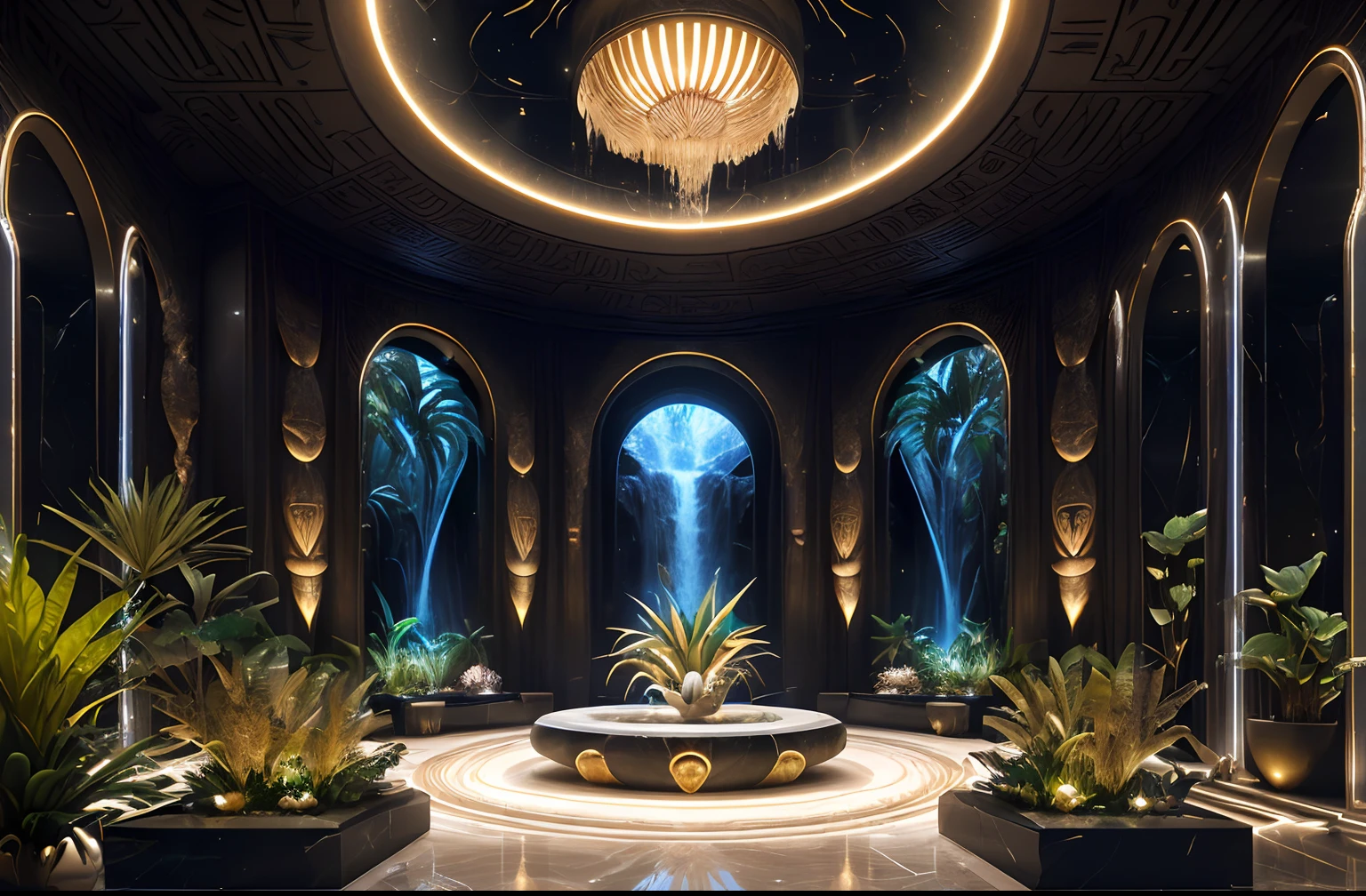 incredible luxurious futuristic interior in Ancient Egyptian style with many (((lush plants))) (lotus flowers), ((palm trees)), rocky walls, ((sand)), ((waterfalls)), (marble), ((precious minerals)), ((metals)), (gemstones), crystals, clouds and ((water)), (curvy luxury furniture), crocodiles, (hieroglyphics), (((ultra luxury))), (black marble) – with ((beautiful lights)), Unreal Engine, HQ, 16k