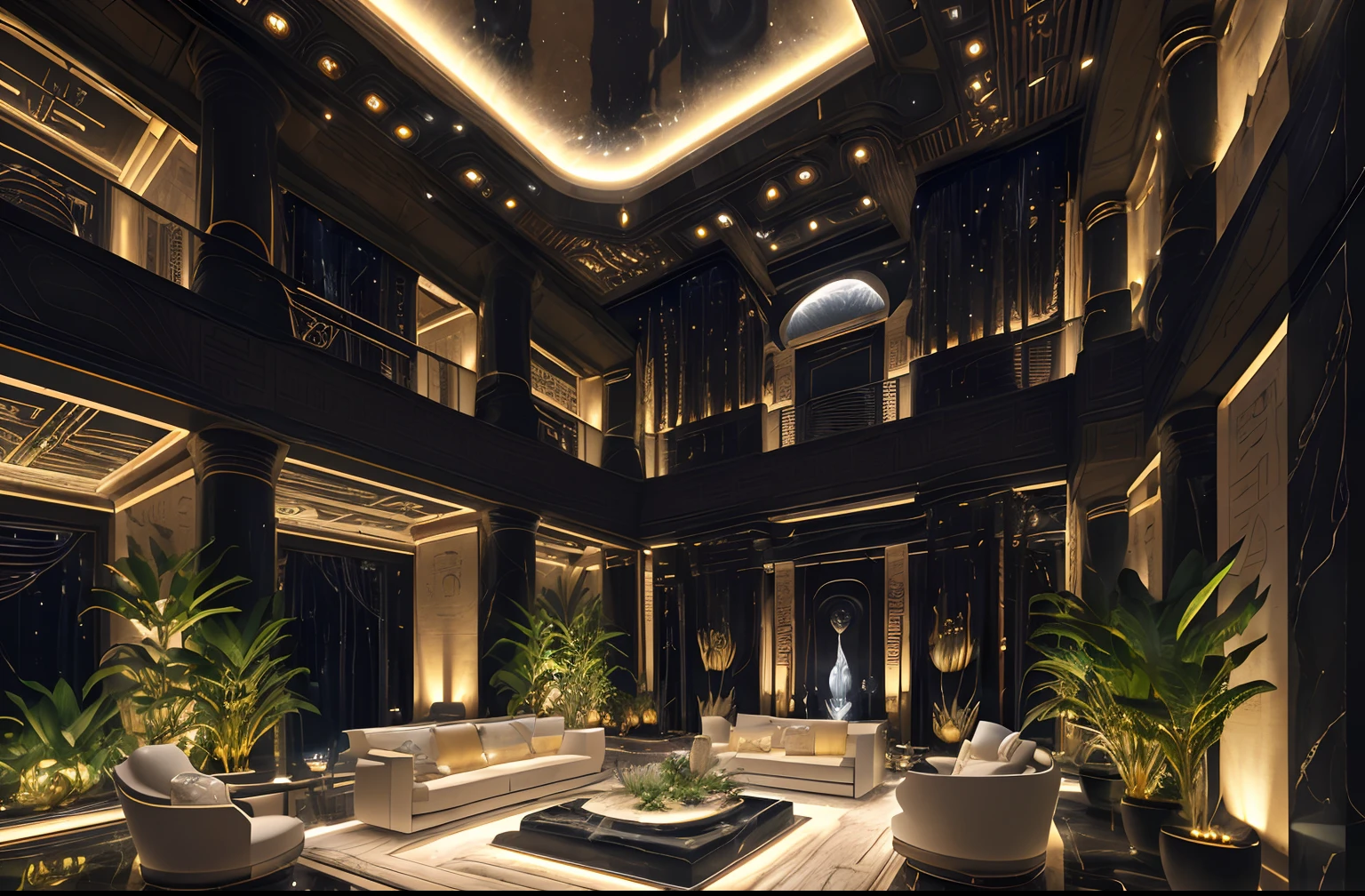 incredible luxurious futuristic interior in Ancient Egyptian style with many (((lush plants))) (lotus flowers), ((palm trees)), rocky walls, ((sand)), ((waterfalls)), (marble), ((precious minerals)), ((metals)), (gemstones), crystals, clouds and ((water)), (curvy luxury furniture), crocodiles, (hieroglyphics), (((ultra luxury))), (black marble) – with ((beautiful lights)), Unreal Engine, HQ, 16k