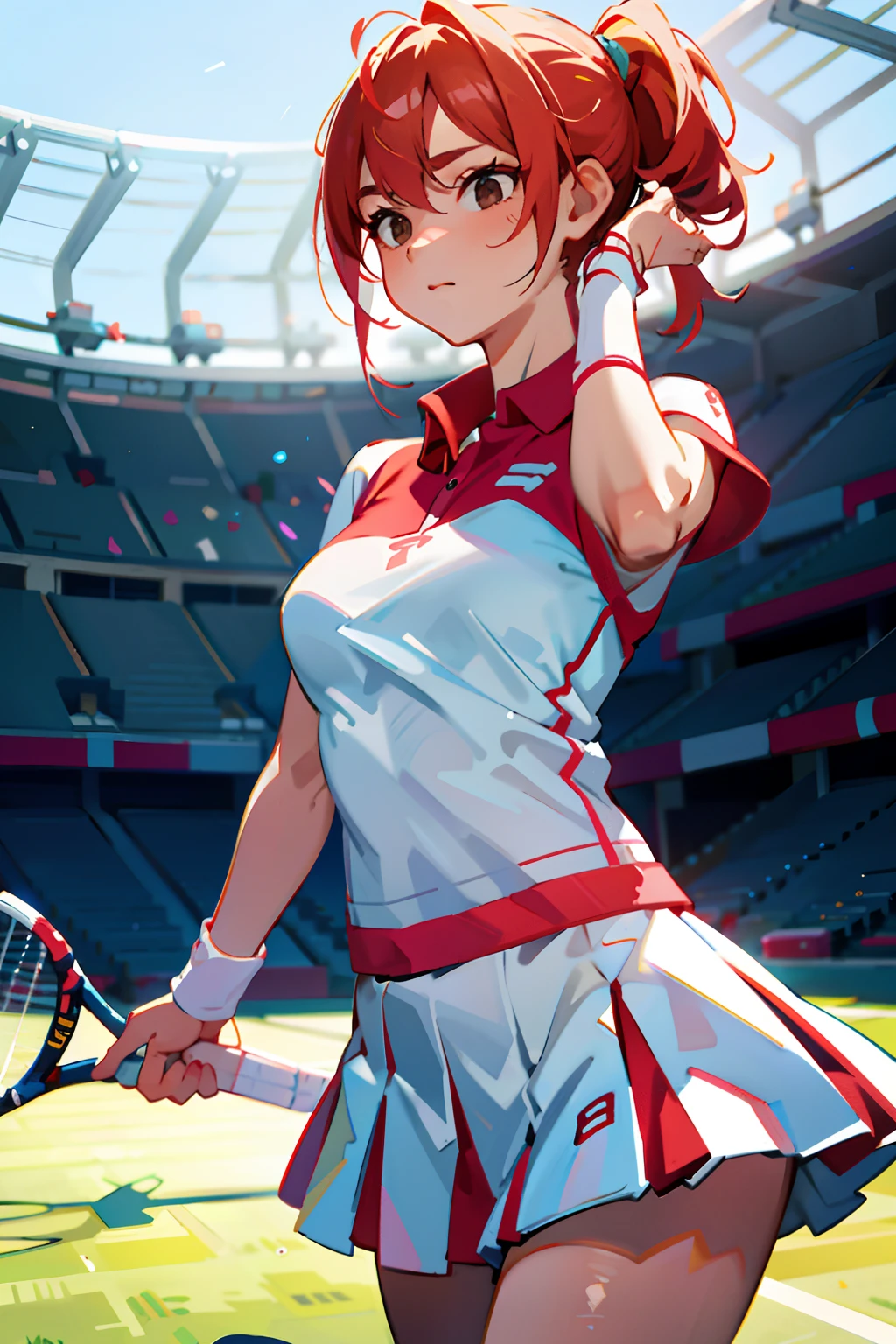 1 female tennis player,White shirt,Red skirt,White socks,dual horsetail,(vibrancy:1.3)、Tennis racket in hand,Exercise posture,(stadio:1.5)、closeup cleavage、RAW photography, top-quality, A high resolution, (tmasterpiece), (Photorealsitic:1.4),foco nítido, 8K分辨率, intricately details, depth of fields, the Extremely Detailed CG Unity 8K Wallpapers, Frontlighting,