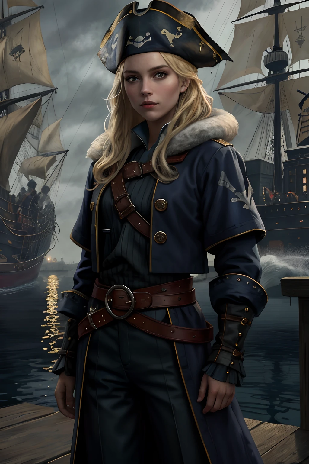 medieval (pirate:1.2) blonde girl with navy blue coat belts straps pants standing on the docks in a (crowd of sailors:1.1) leather and fur winter cold weather working beautiful cloudy sky bright morning light (foggy:1.1) (raining:1.1), (masterpiece:1.2) (illustration:1.1) (best quality:1.2) (detailed) (intricate) (8k) (HDR) (wallpaper) (cinematic lighting) (sharp focus)