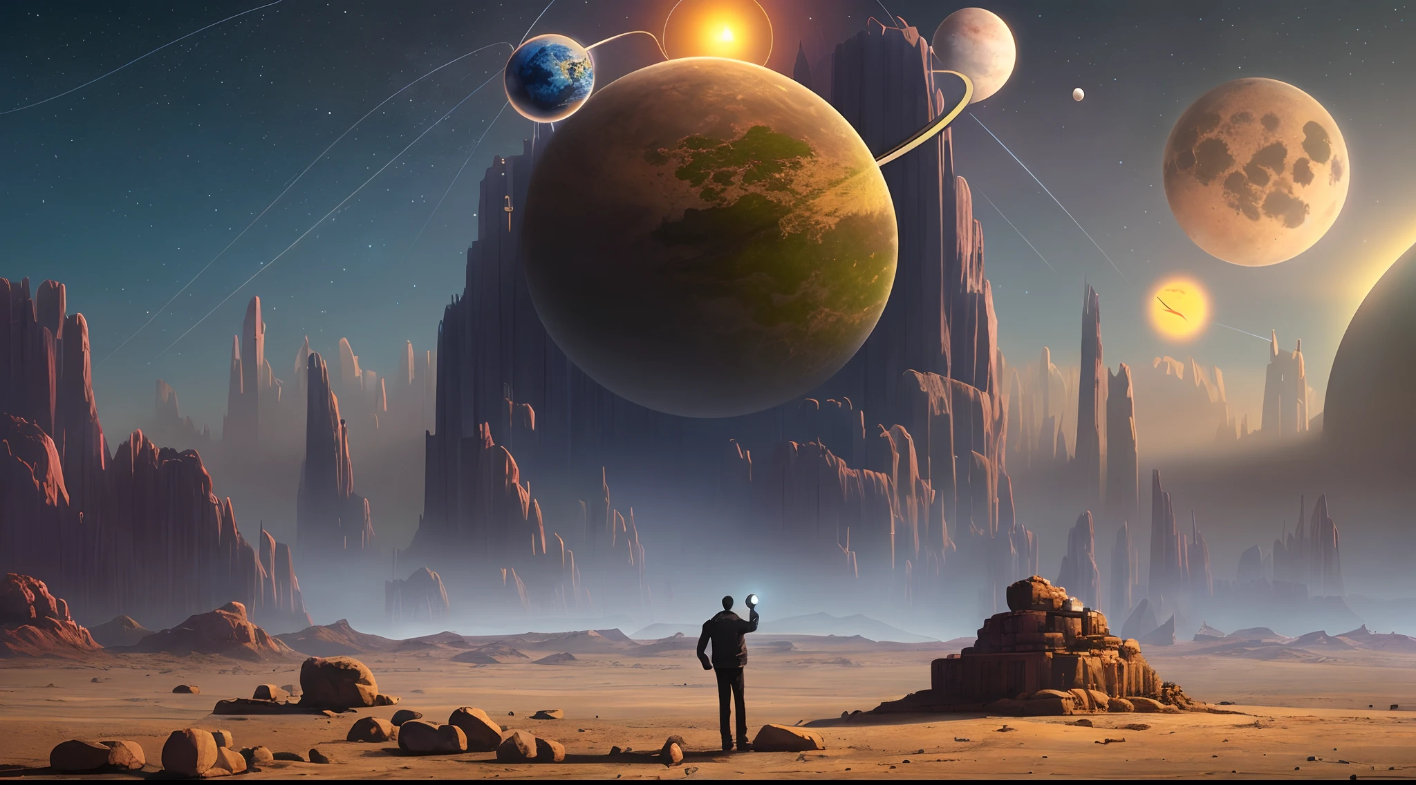 there is a man standing on a rock looking at planets, sci-fi digital art, sci-fi digital art illustration, beeple art, sci - fi illustrations, sci-fi illustrations, sci fi art, science fiction art, realism | beeple, epic surrealism 8k oil painting, beeple and tim hildebrandt, sci-fi art